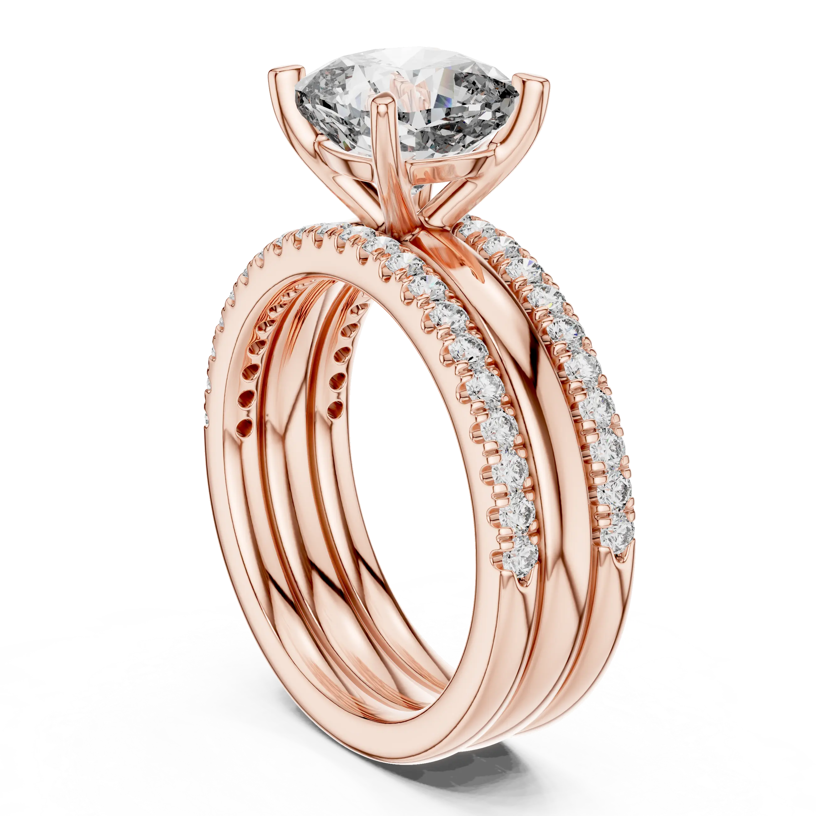 MJTW5 - Cushion Cut Solitaire Plain Band Triple Bridal Stack