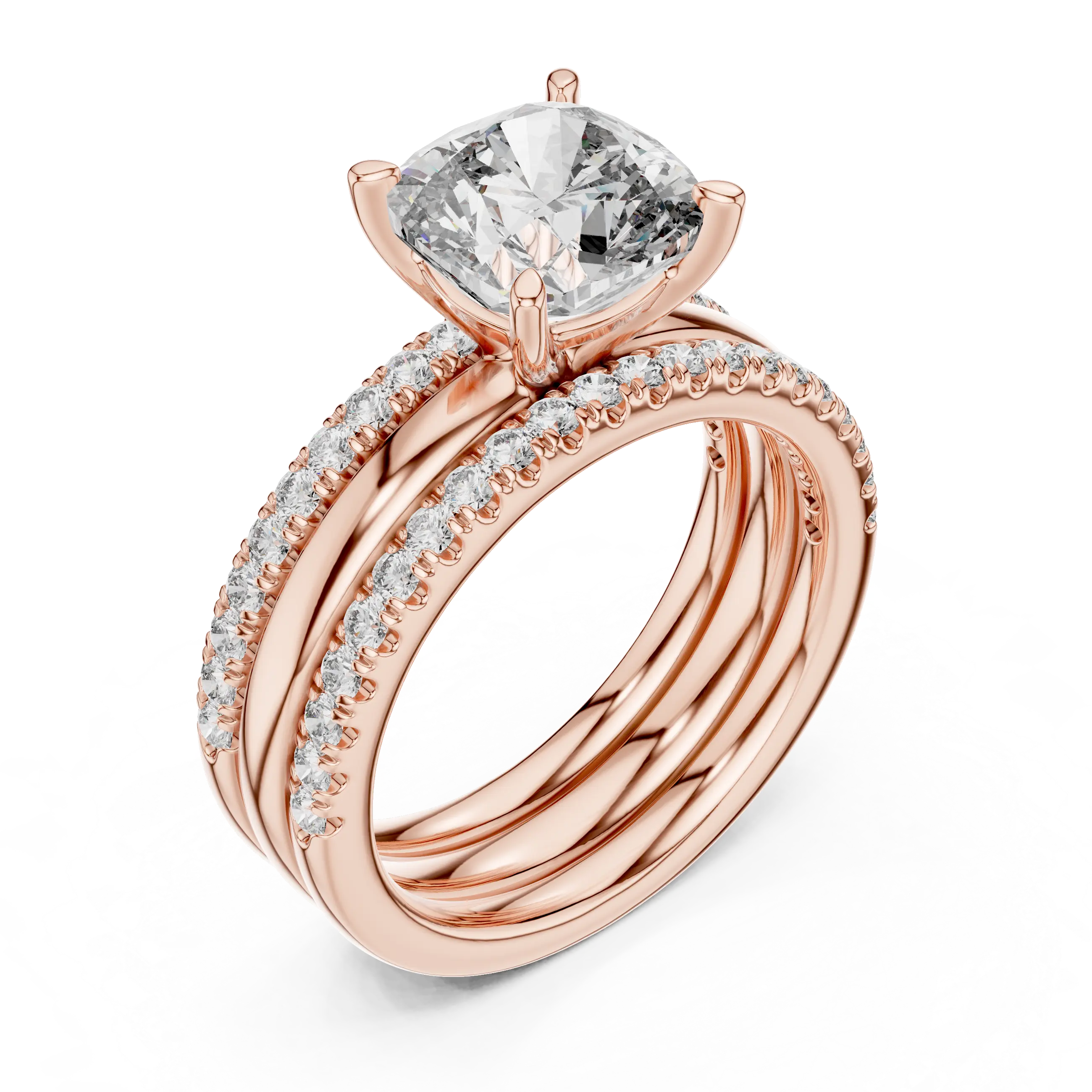 MJTW5 - Cushion Cut Solitaire Plain Band Triple Bridal Stack