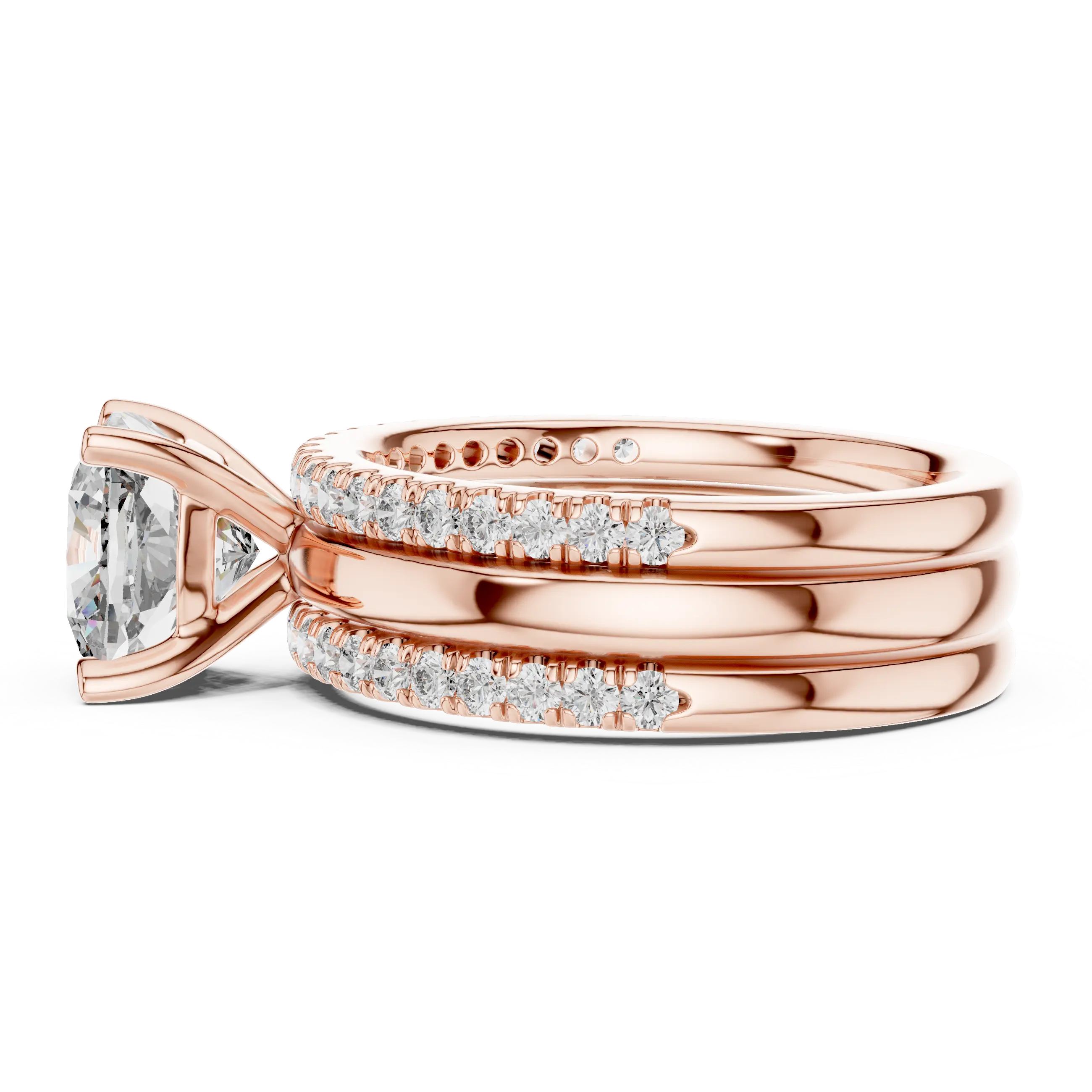 MJTW5 - Cushion Cut Solitaire Plain Band Triple Bridal Stack