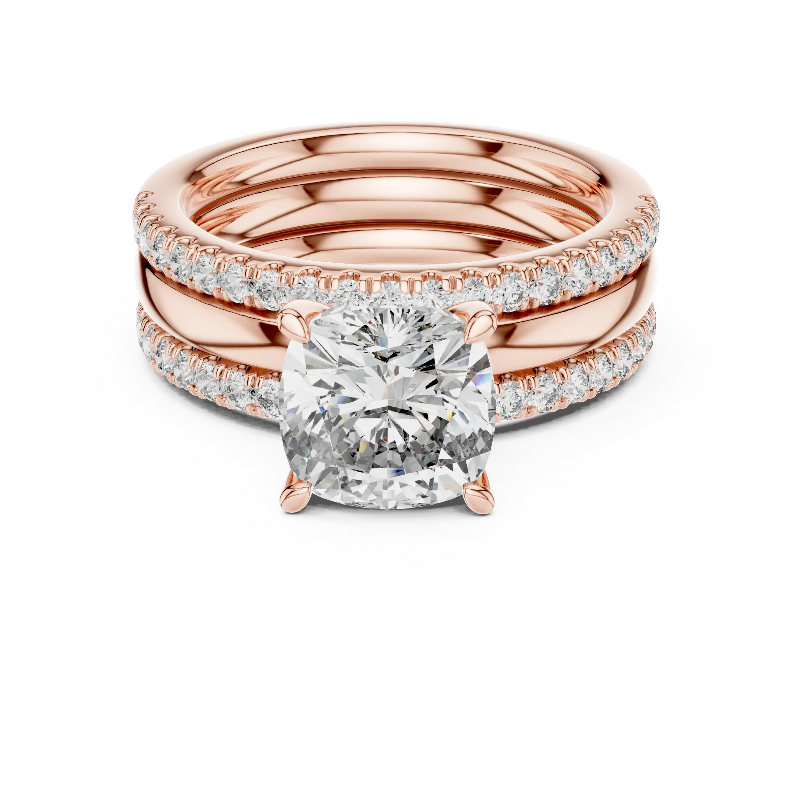 MJTW5 - Cushion Cut Solitaire Plain Band Triple Bridal Stack