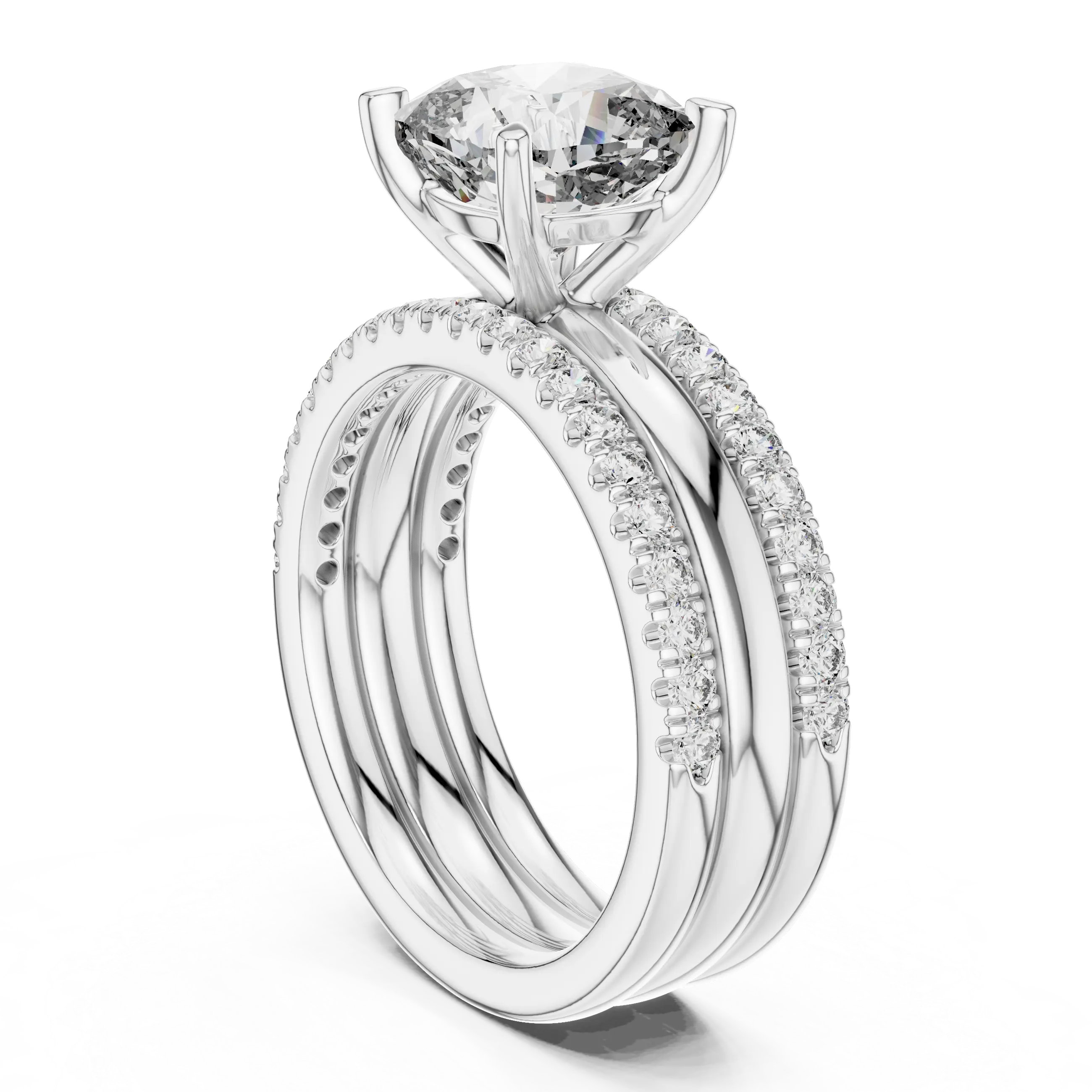 MJTW5 - Cushion Cut Solitaire Plain Band Triple Bridal Stack