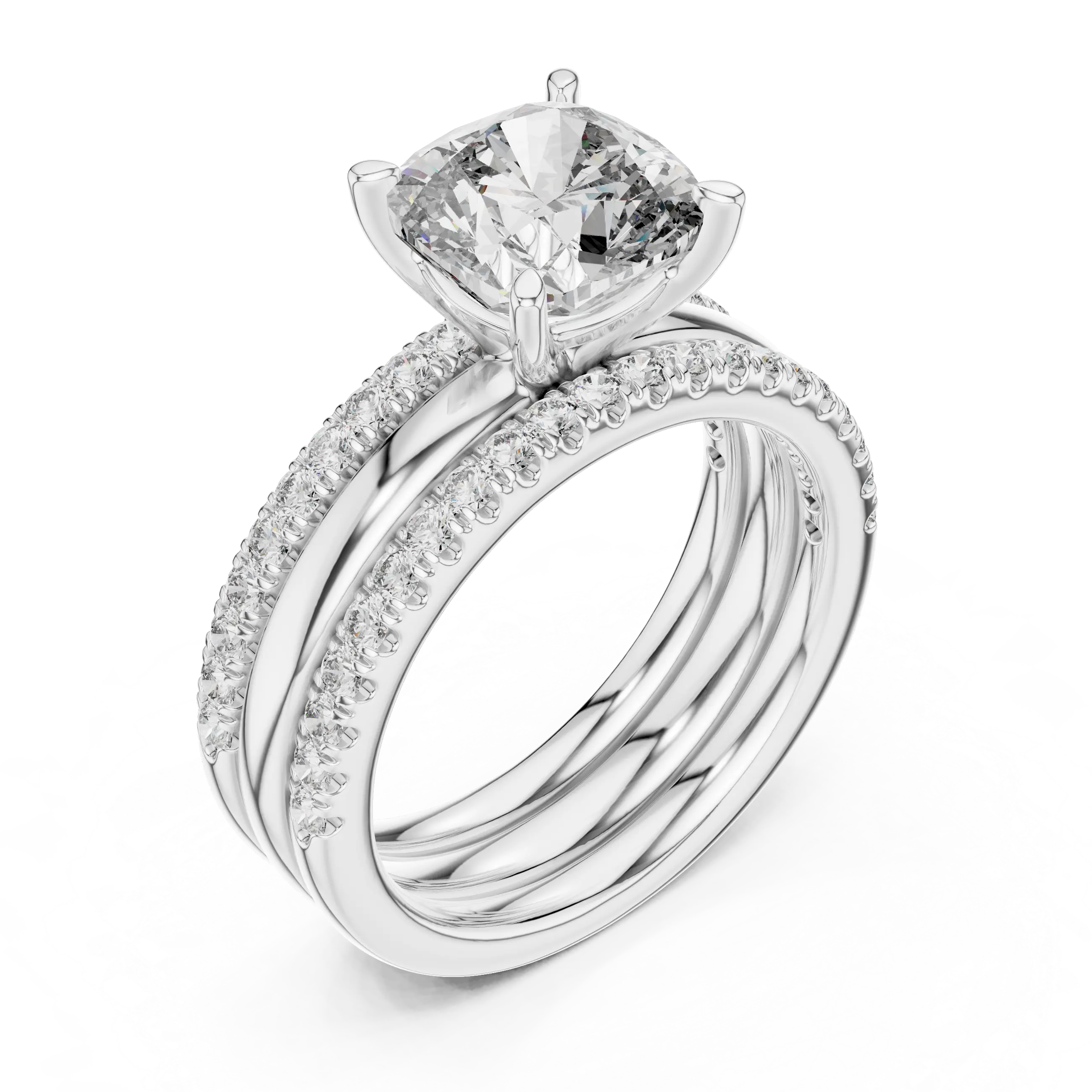 MJTW5 - Cushion Cut Solitaire Plain Band Triple Bridal Stack