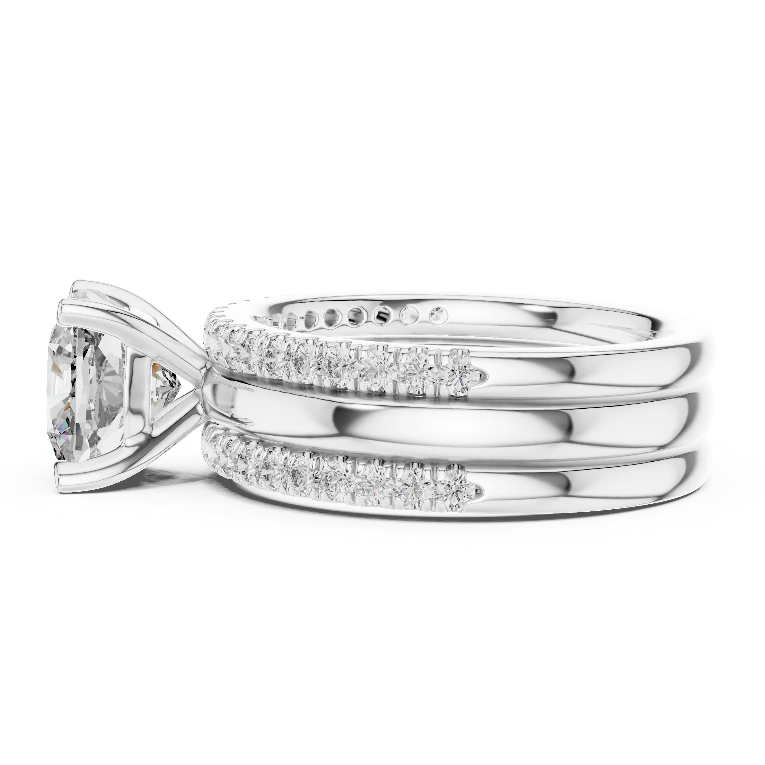 MJTW5 - Cushion Cut Solitaire Plain Band Triple Bridal Stack
