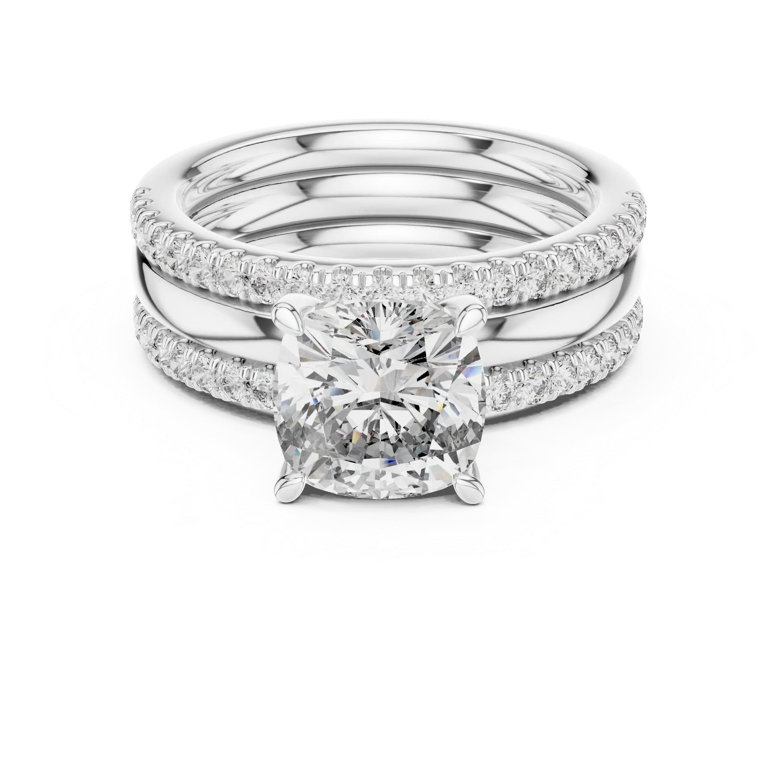MJTW5 - Cushion Cut Solitaire Plain Band Triple Bridal Stack