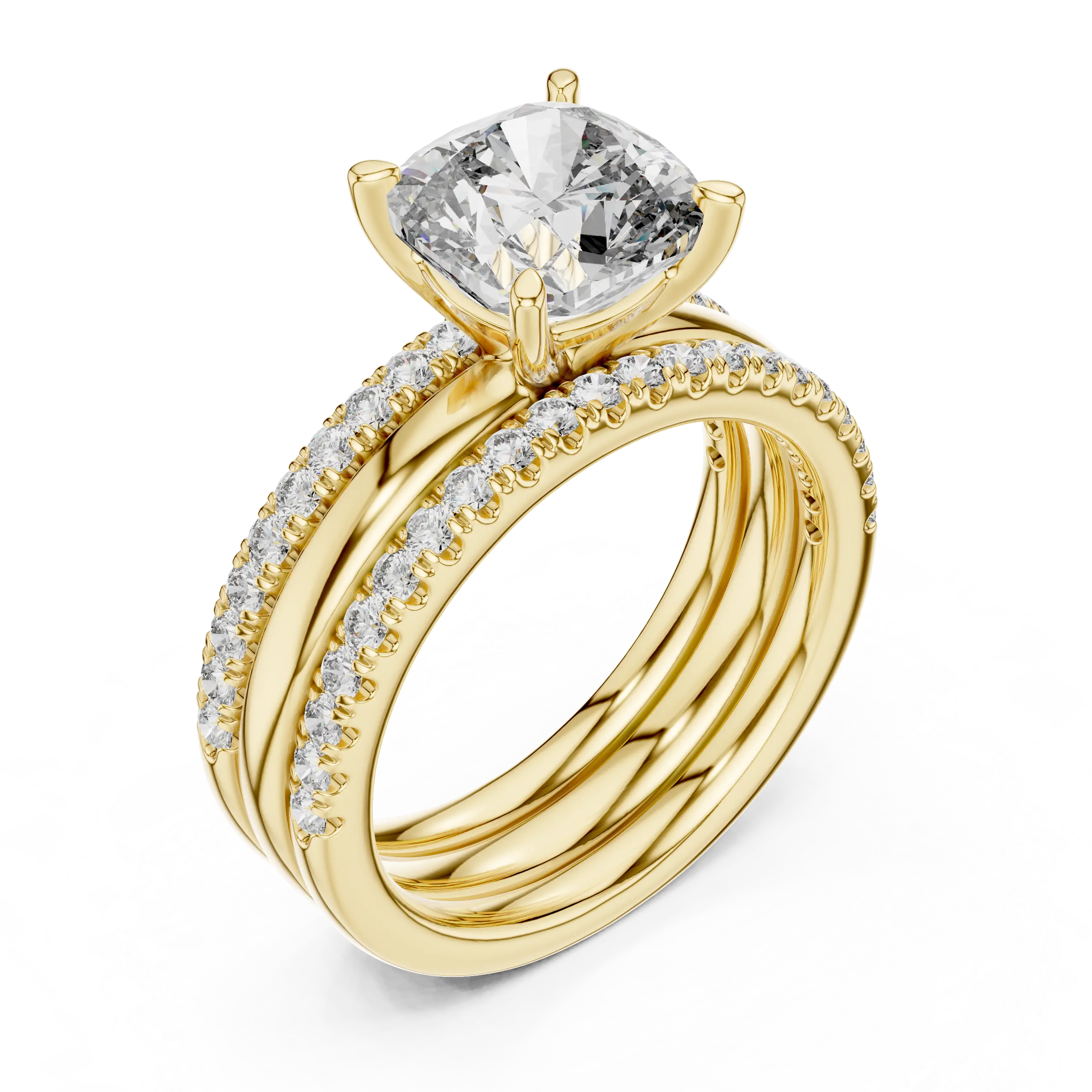 MJTW5 - Cushion Cut Solitaire Plain Band Triple Bridal Stack