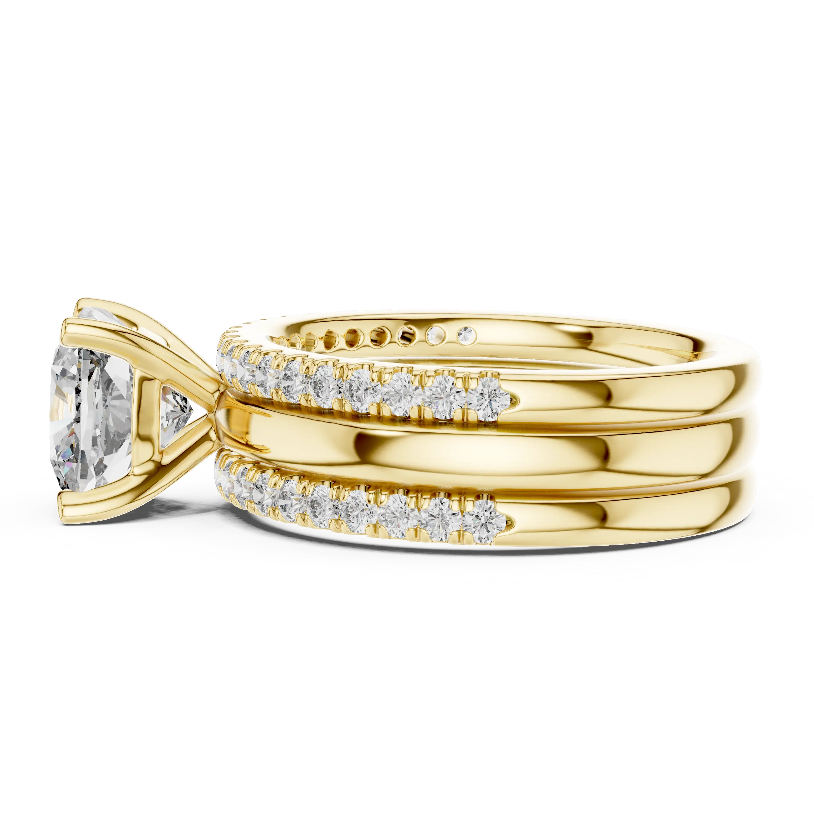 MJTW5 - Cushion Cut Solitaire Plain Band Triple Bridal Stack