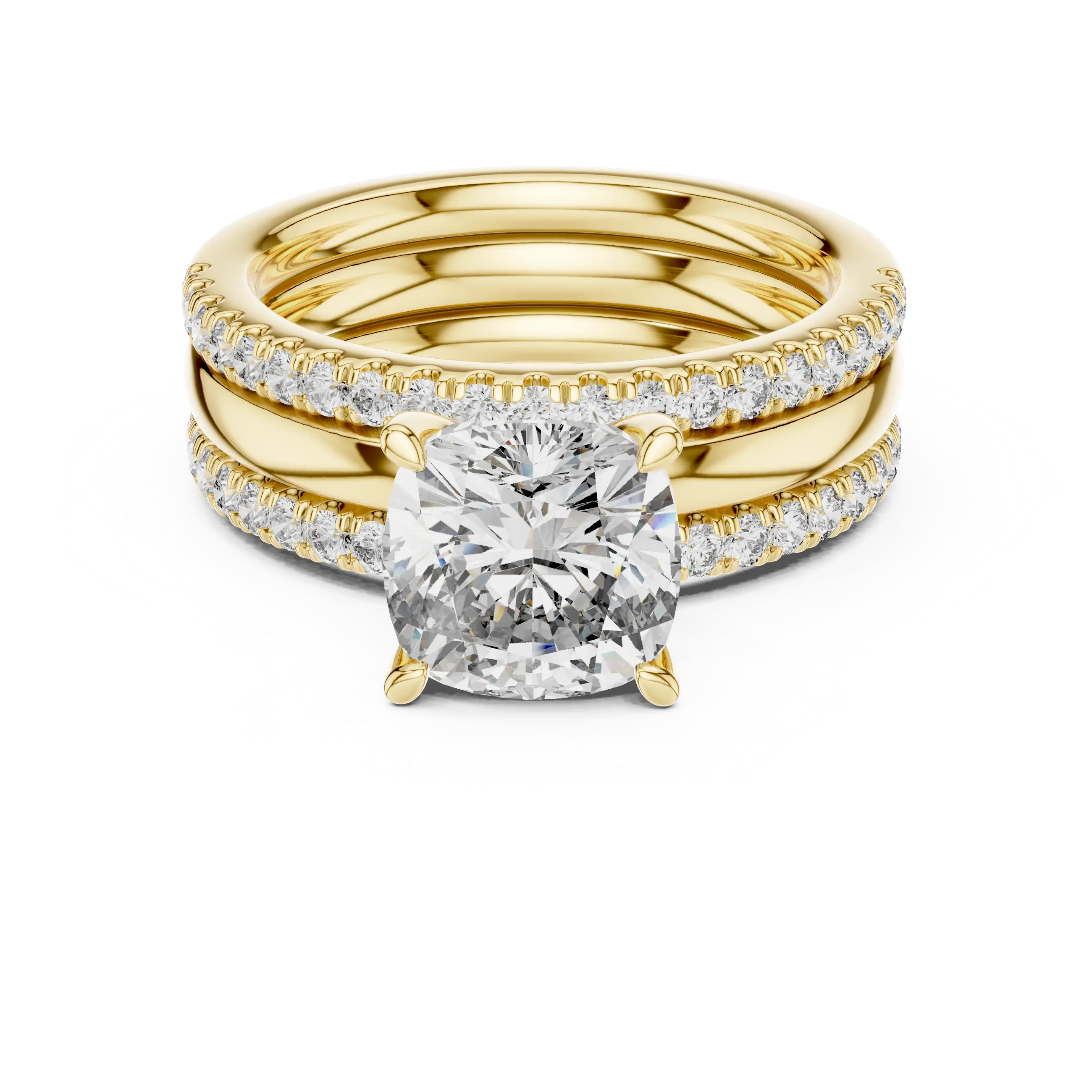 MJTW5 - Cushion Cut Solitaire Plain Band Triple Bridal Stack