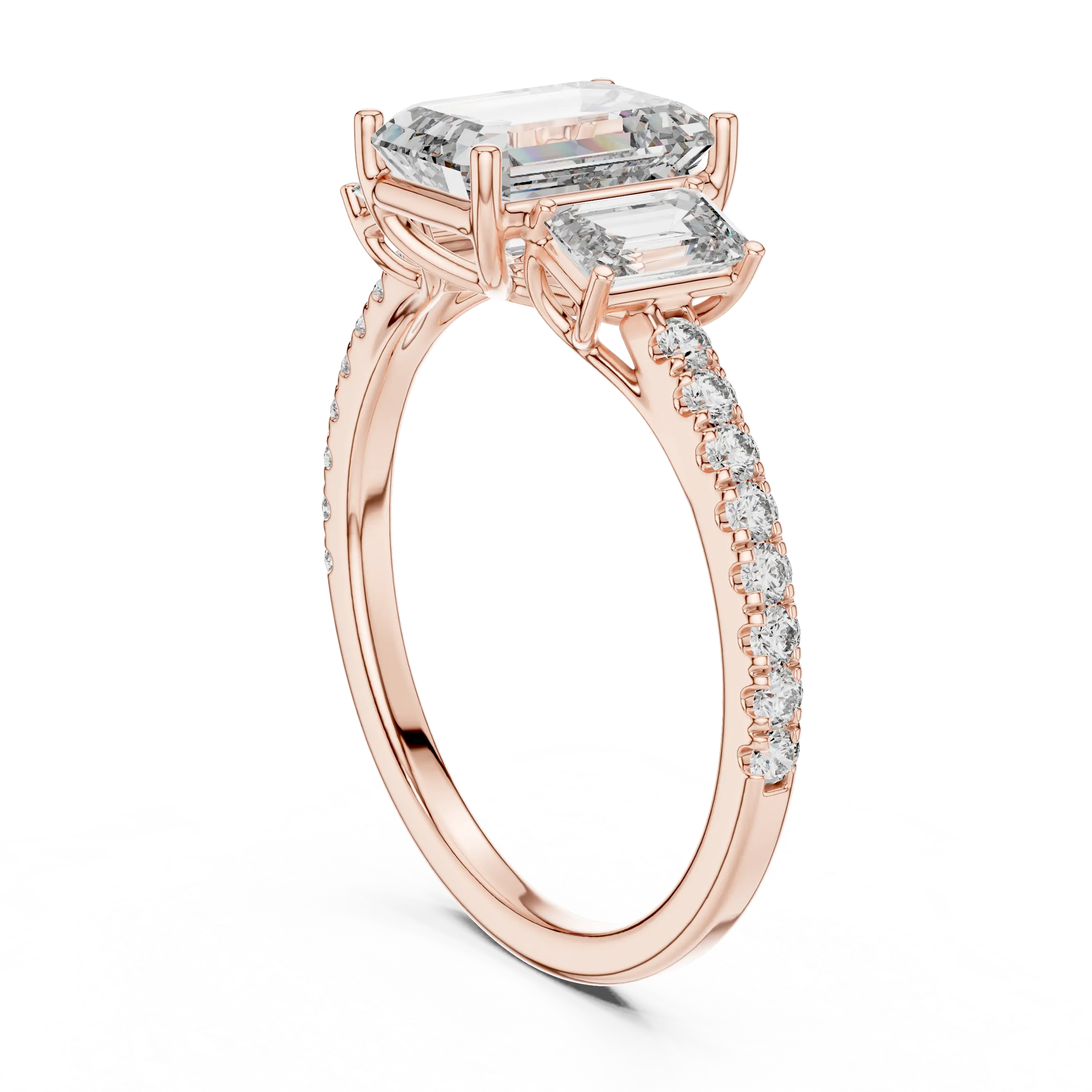 MJR053 - Emerald Cut High Sparkle French Set Three Stone Ring