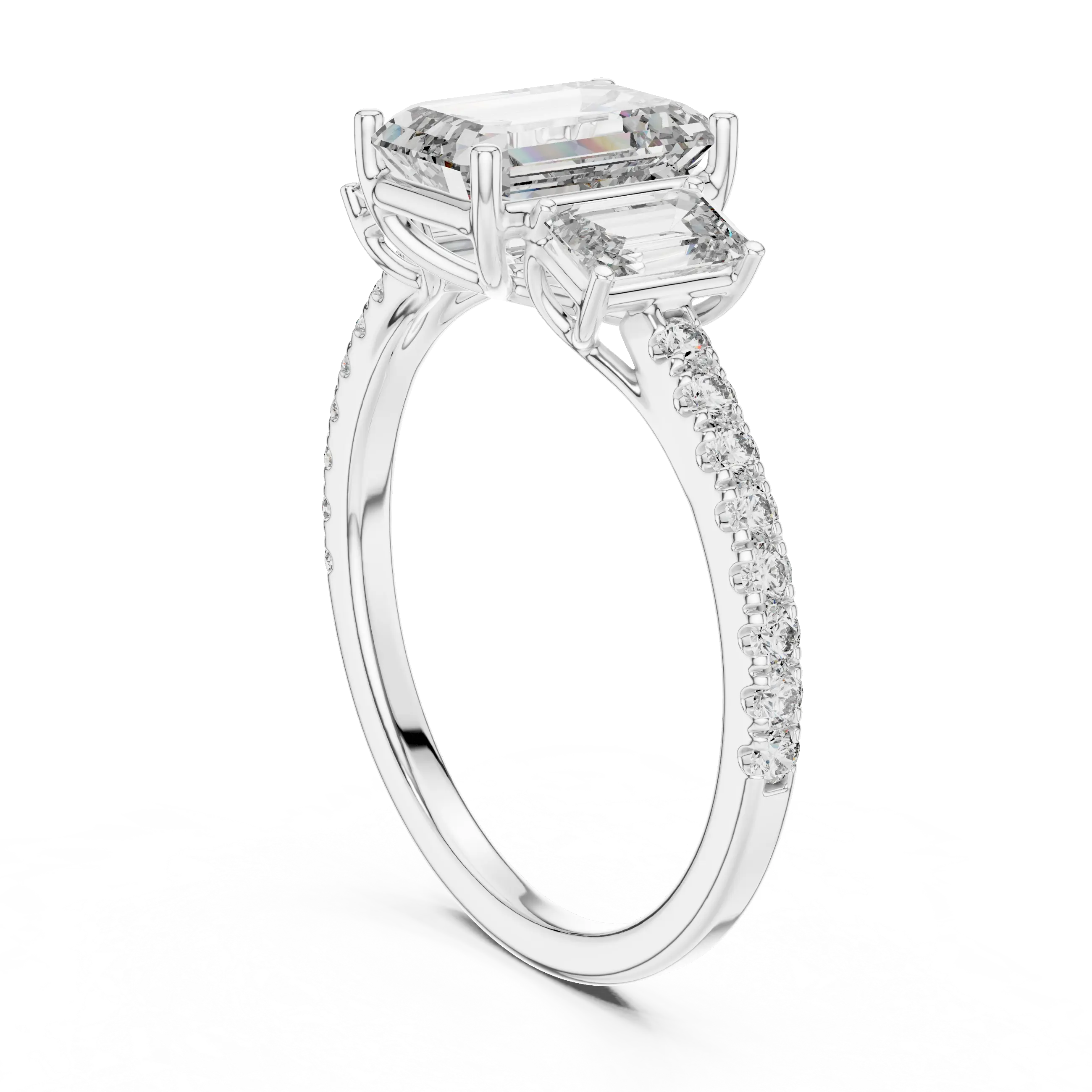 MJR053 - Emerald Cut High Sparkle French Set Three Stone Ring