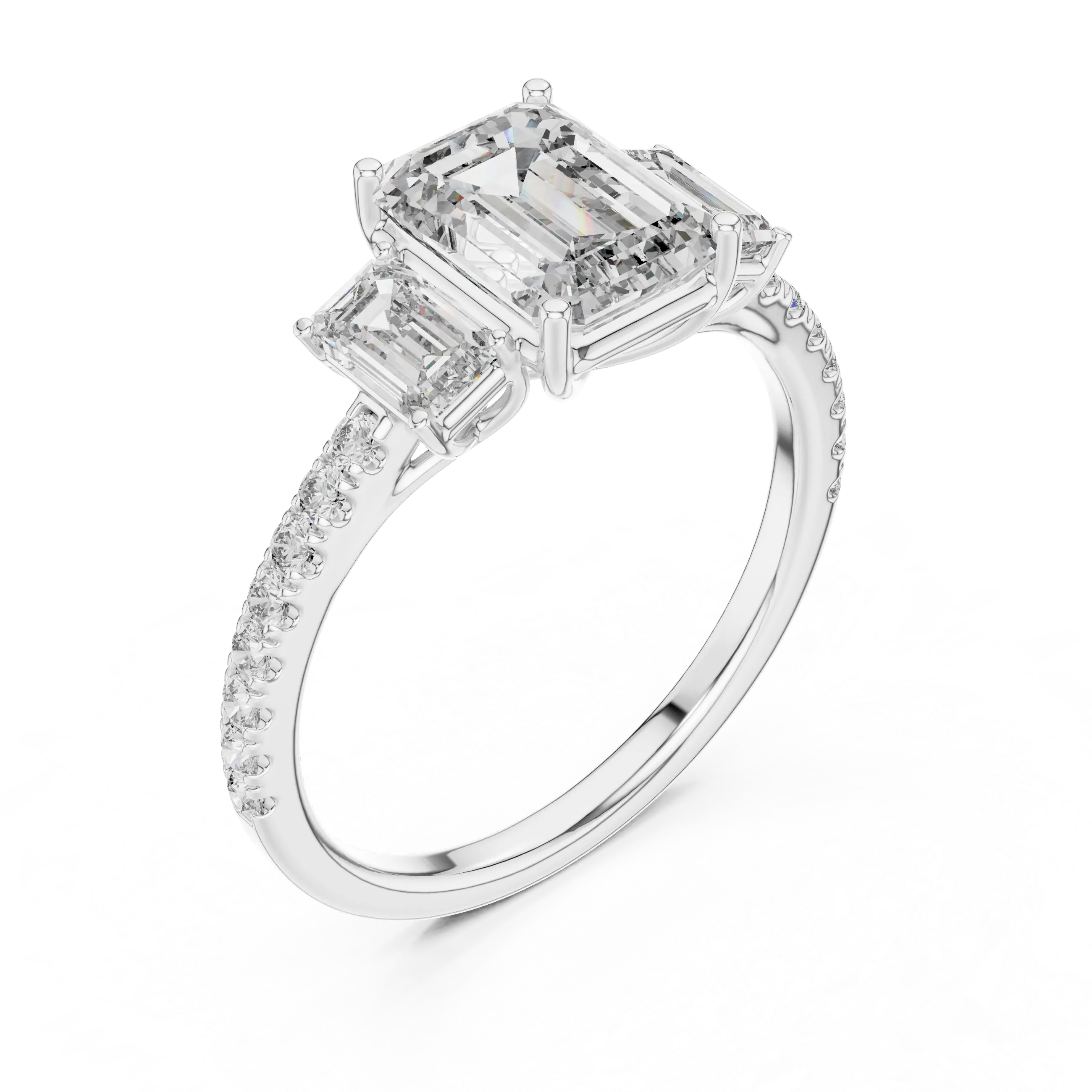MJR053 - Emerald Cut High Sparkle French Set Three Stone Ring