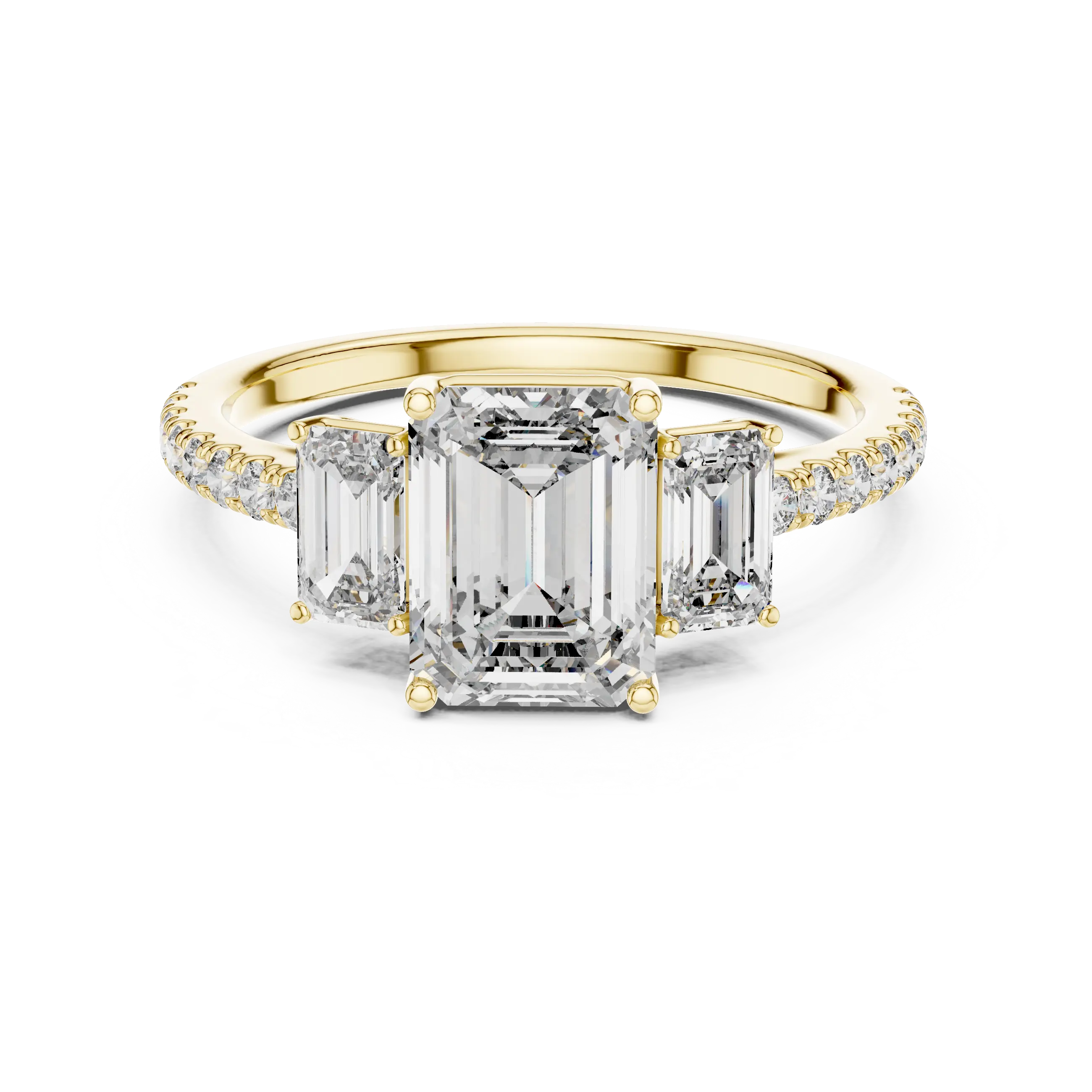MJR053 - Emerald Cut High Sparkle French Set Three Stone Ring