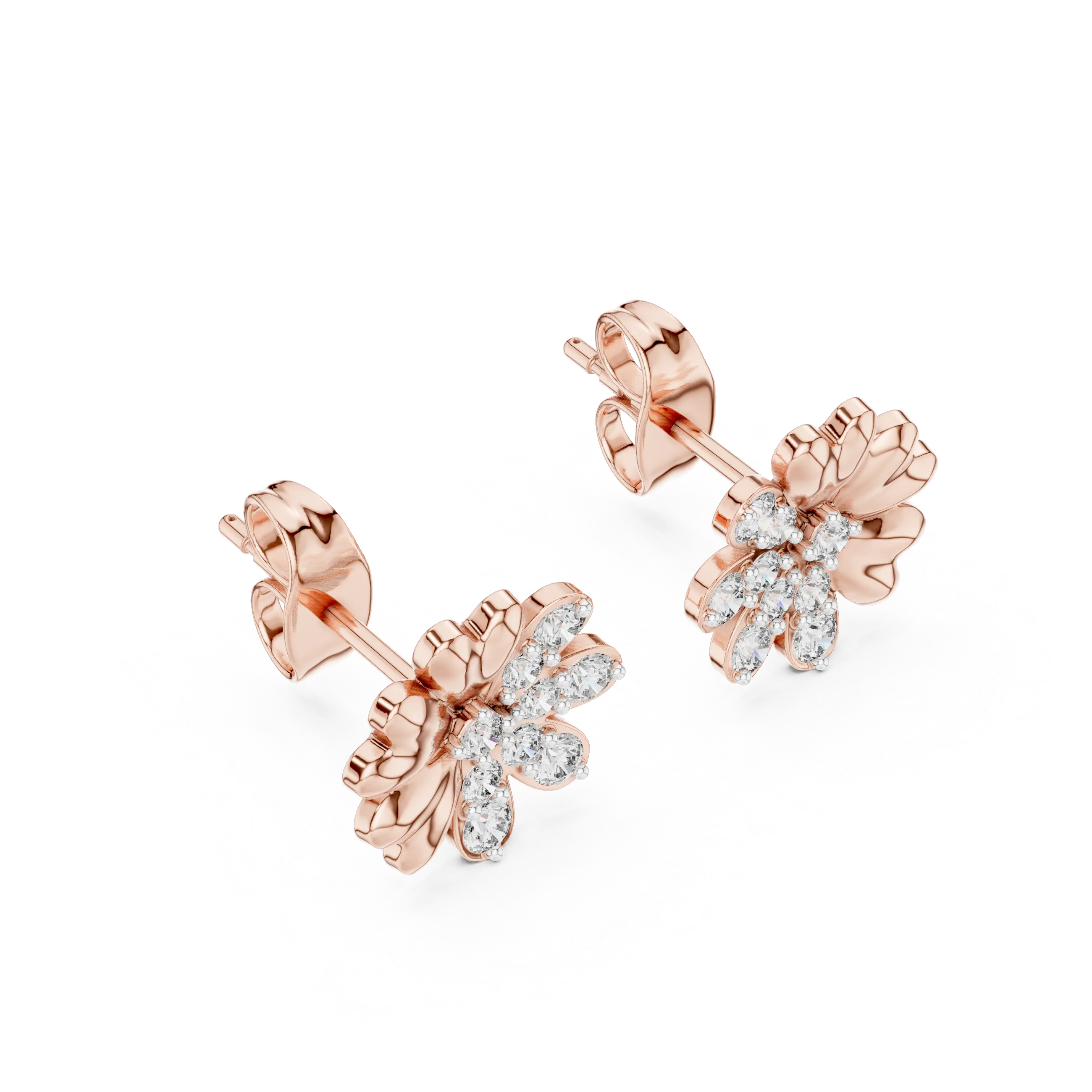 MJER34 - Half Pavé Floral Heart Petal Studs