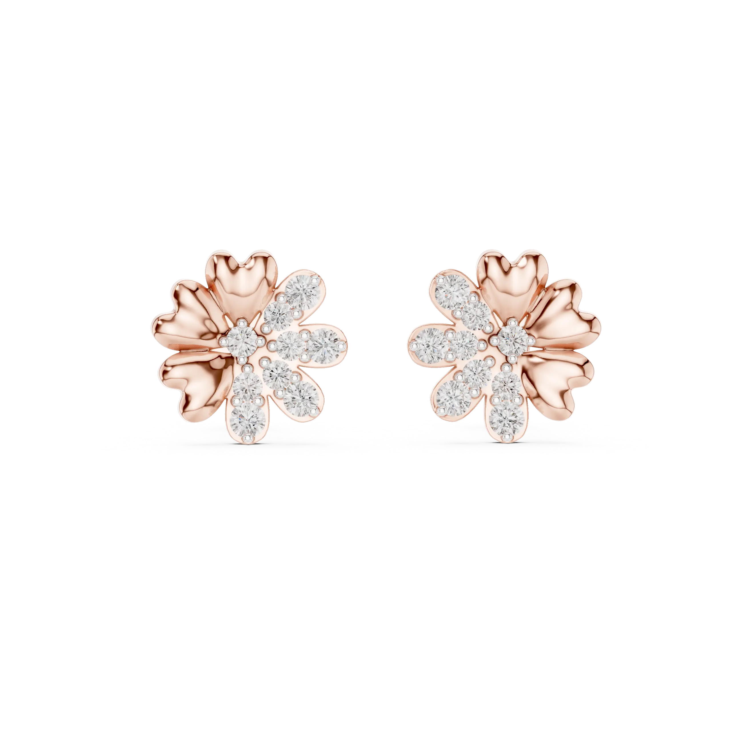 MJER34 - Half Pavé Floral Heart Petal Studs