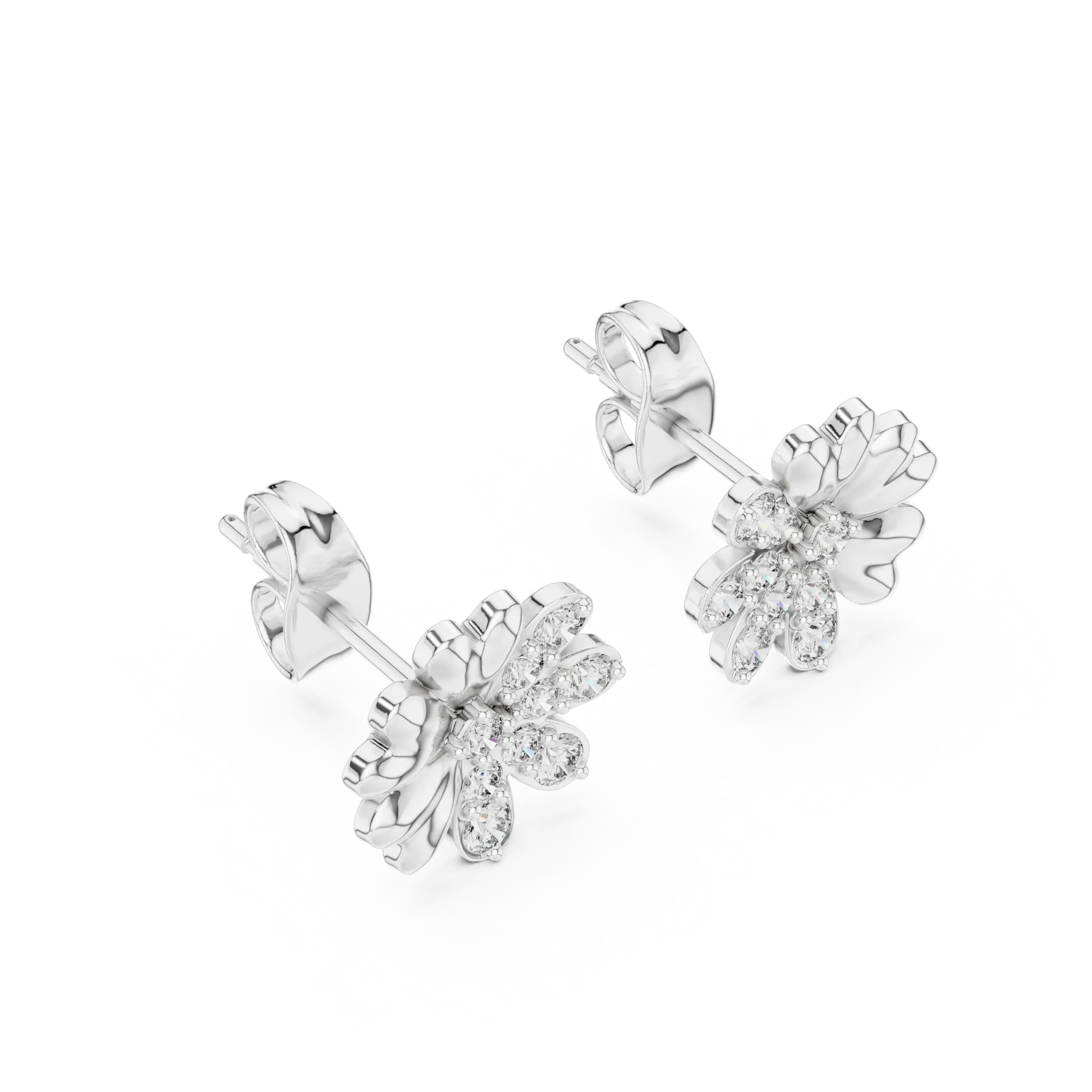 MJER34 - Half Pavé Floral Heart Petal Studs