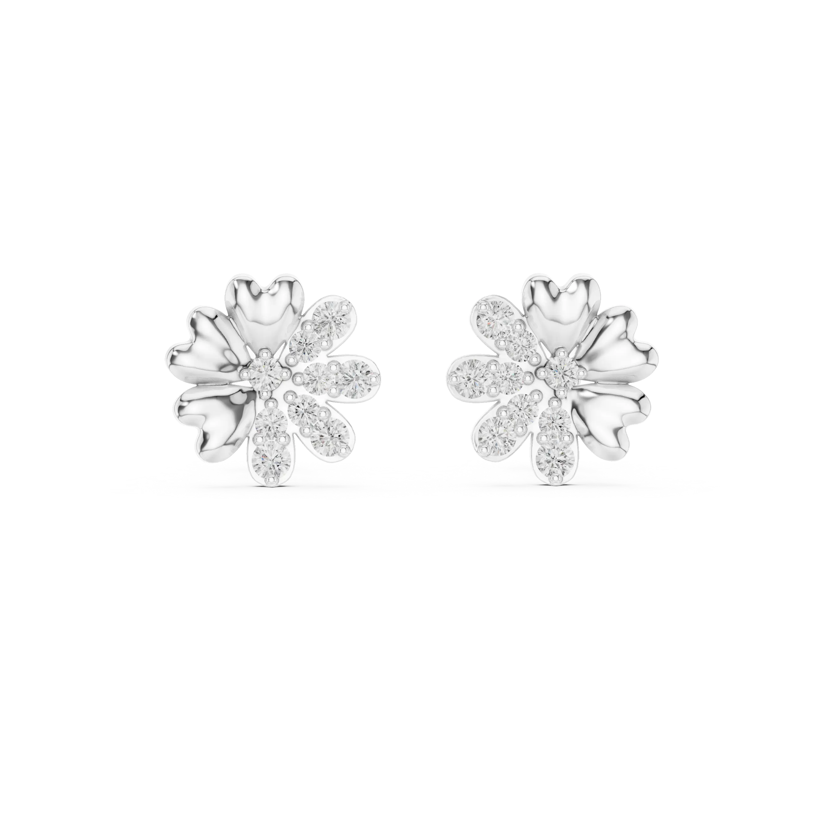 MJER34 - Half Pavé Floral Heart Petal Studs