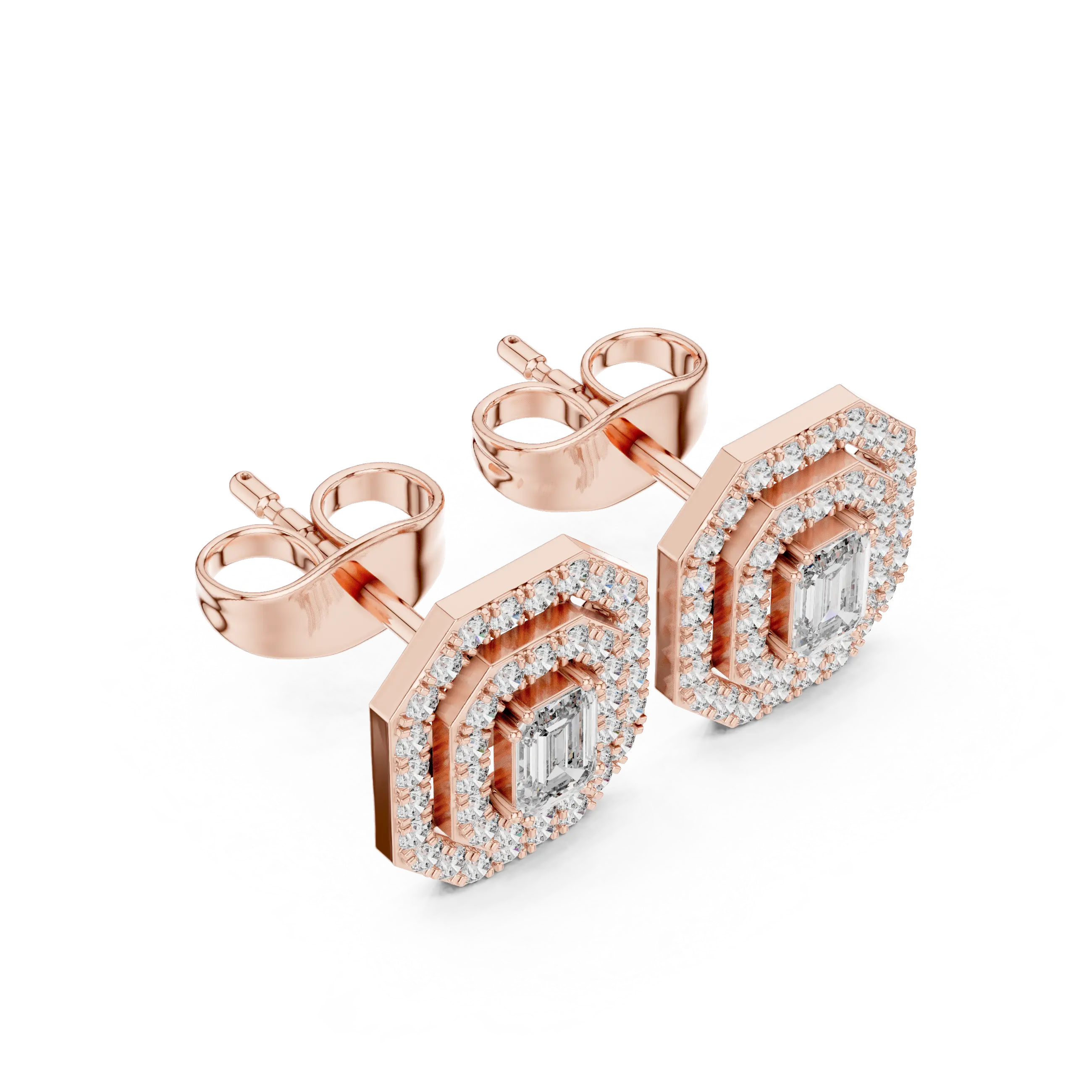 MJER35 - Double Octagon Halo Emerald Cut Studs