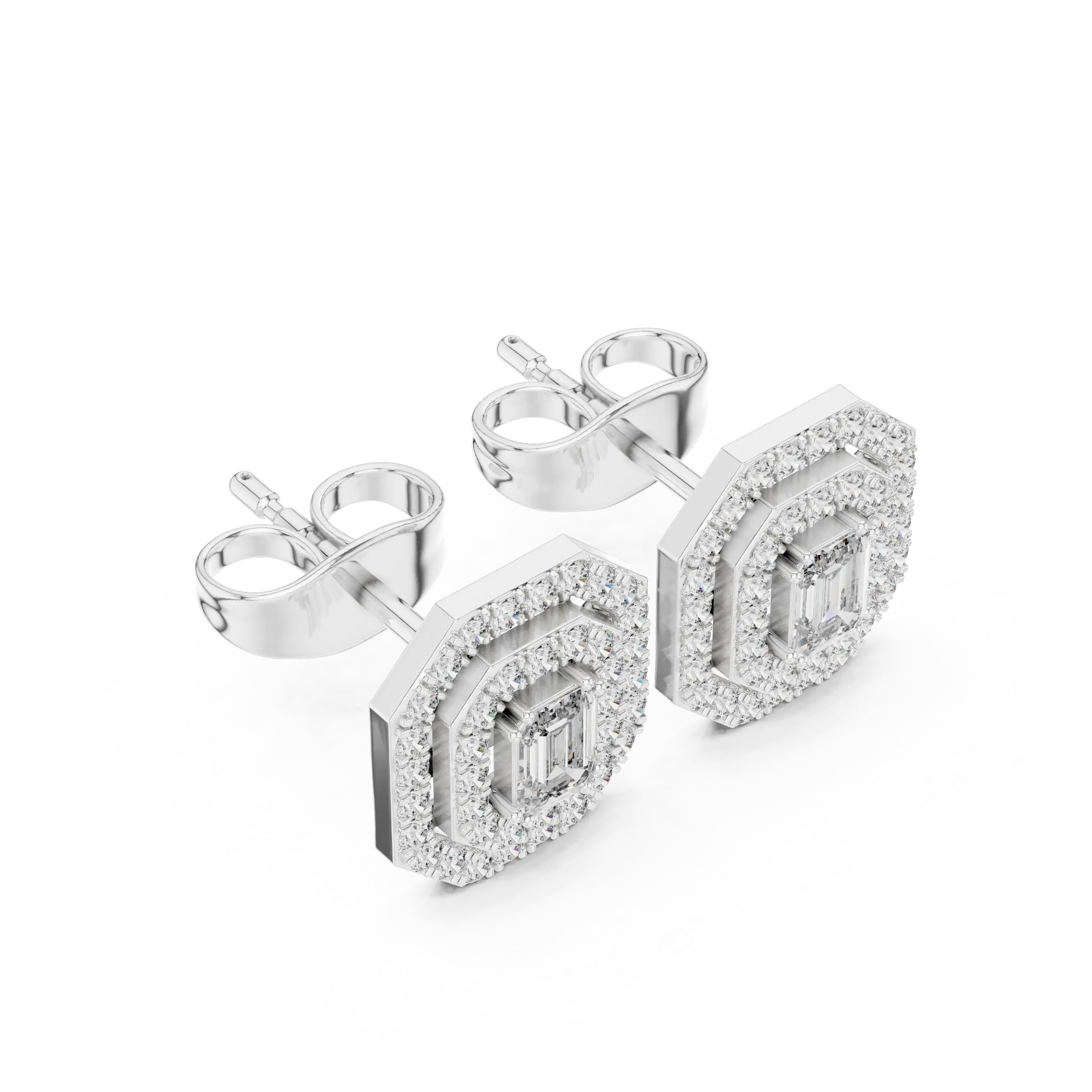 MJER35 - Double Octagon Halo Emerald Cut Studs