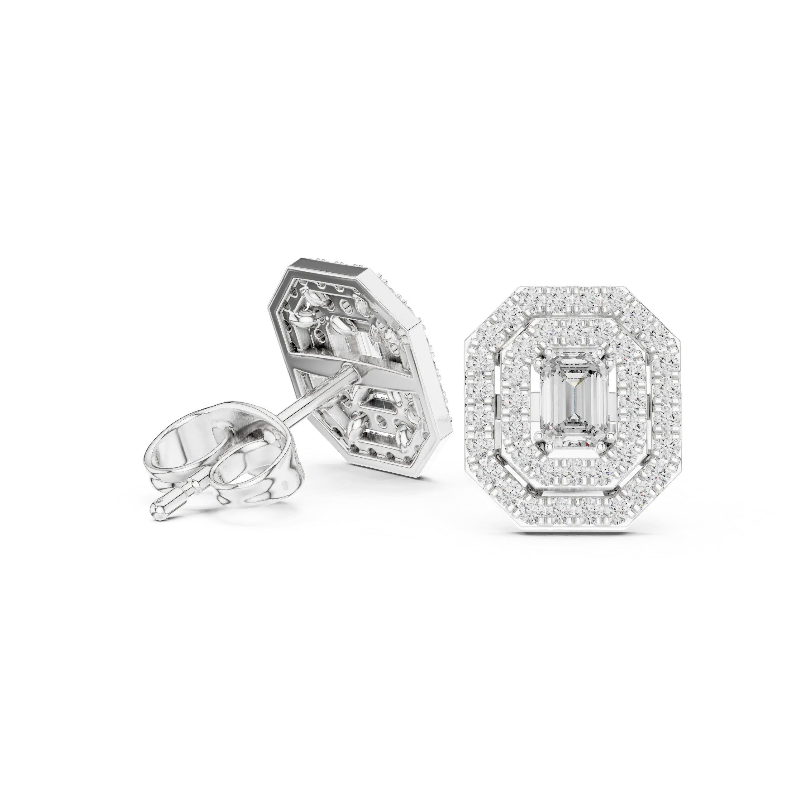 MJER35 - Double Octagon Halo Emerald Cut Studs