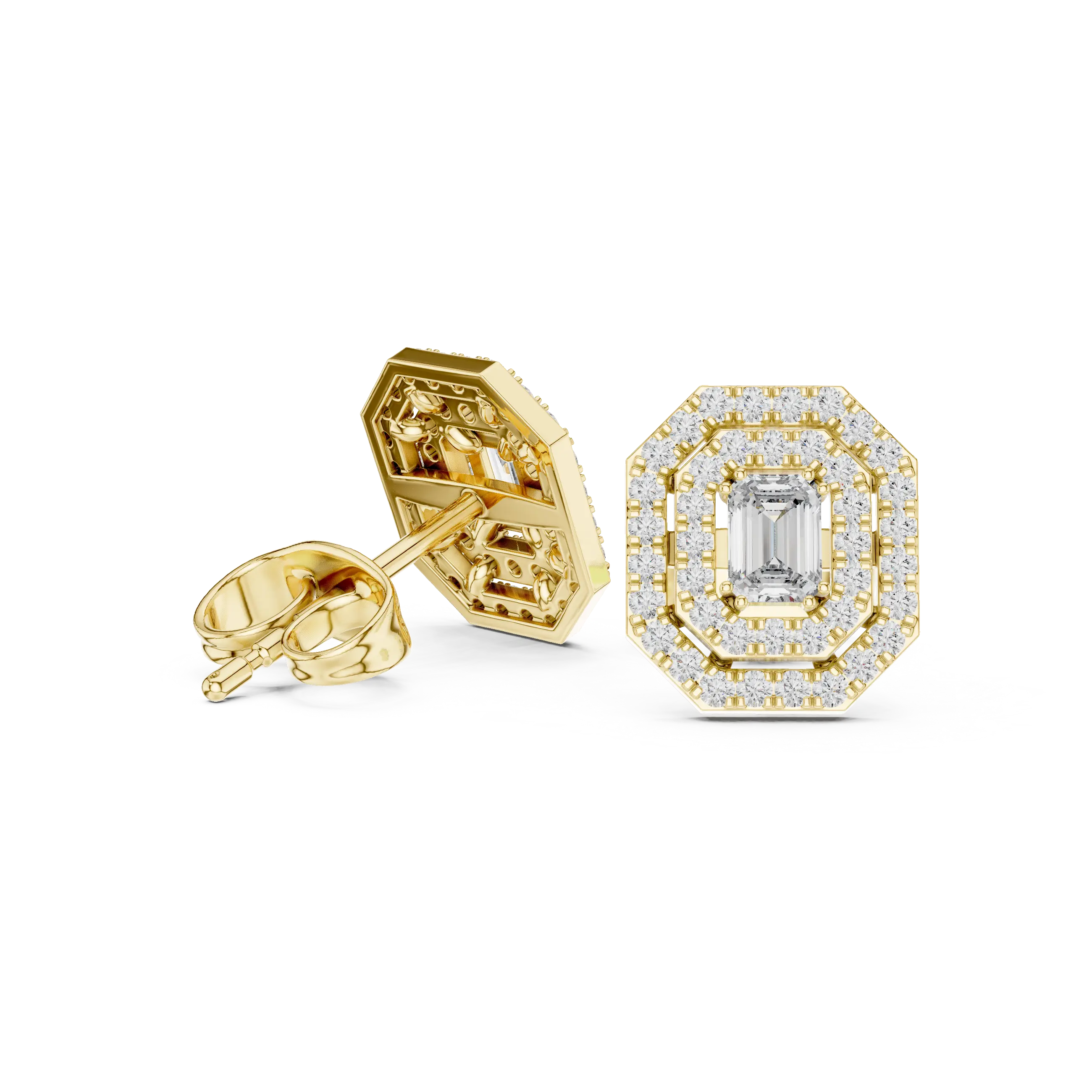 MJER35 - Double Octagon Halo Emerald Cut Studs