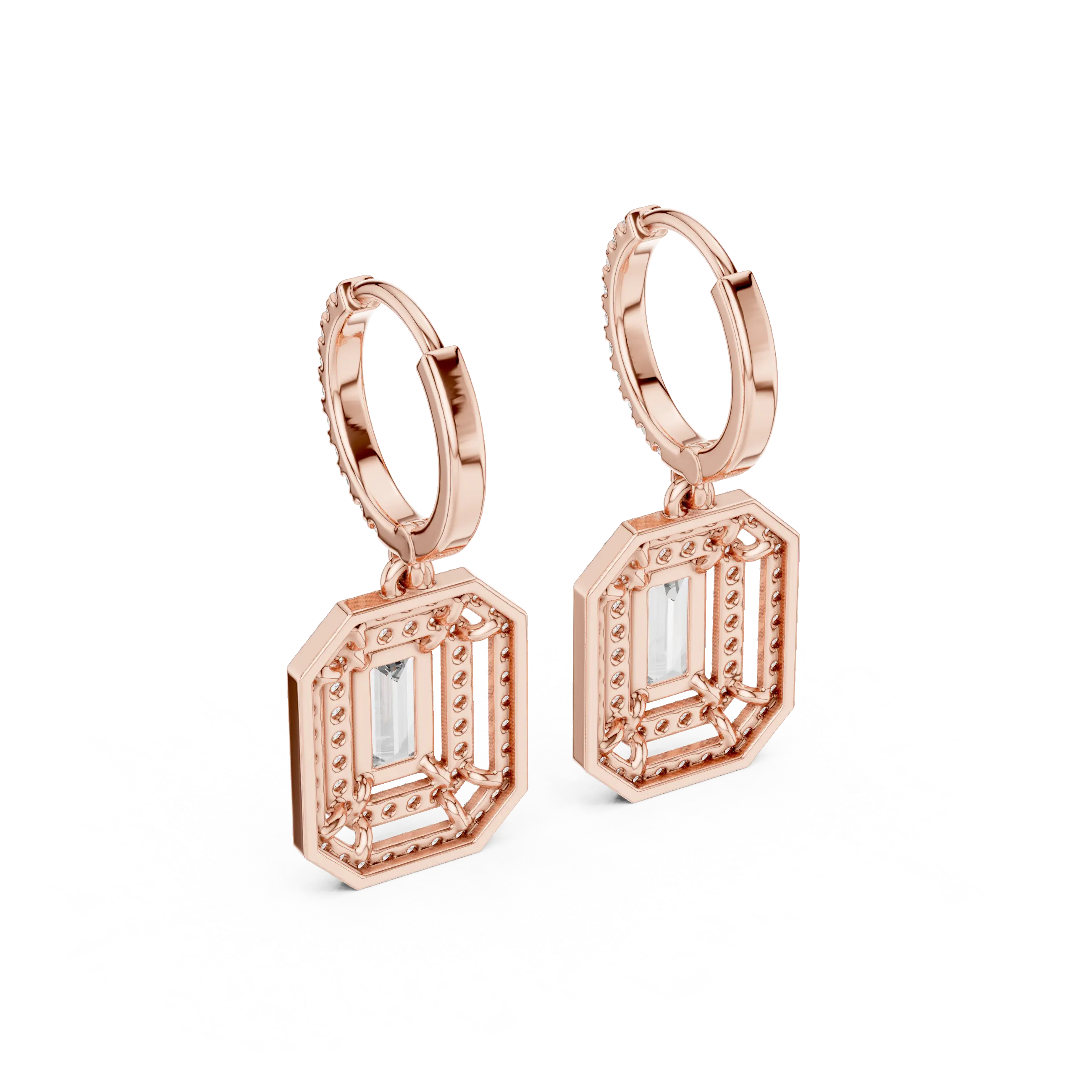 MJER55 - Emerald Cut Double Halo Huggie Drop Earrings