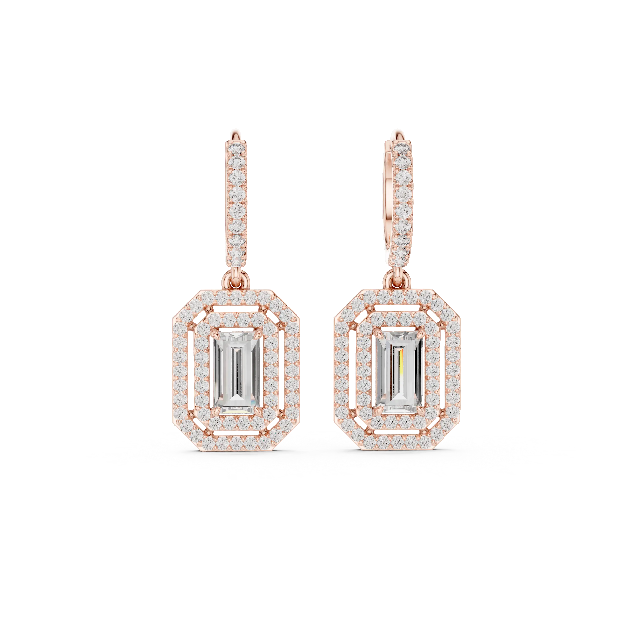 MJER55 - Emerald Cut Double Halo Huggie Drop Earrings
