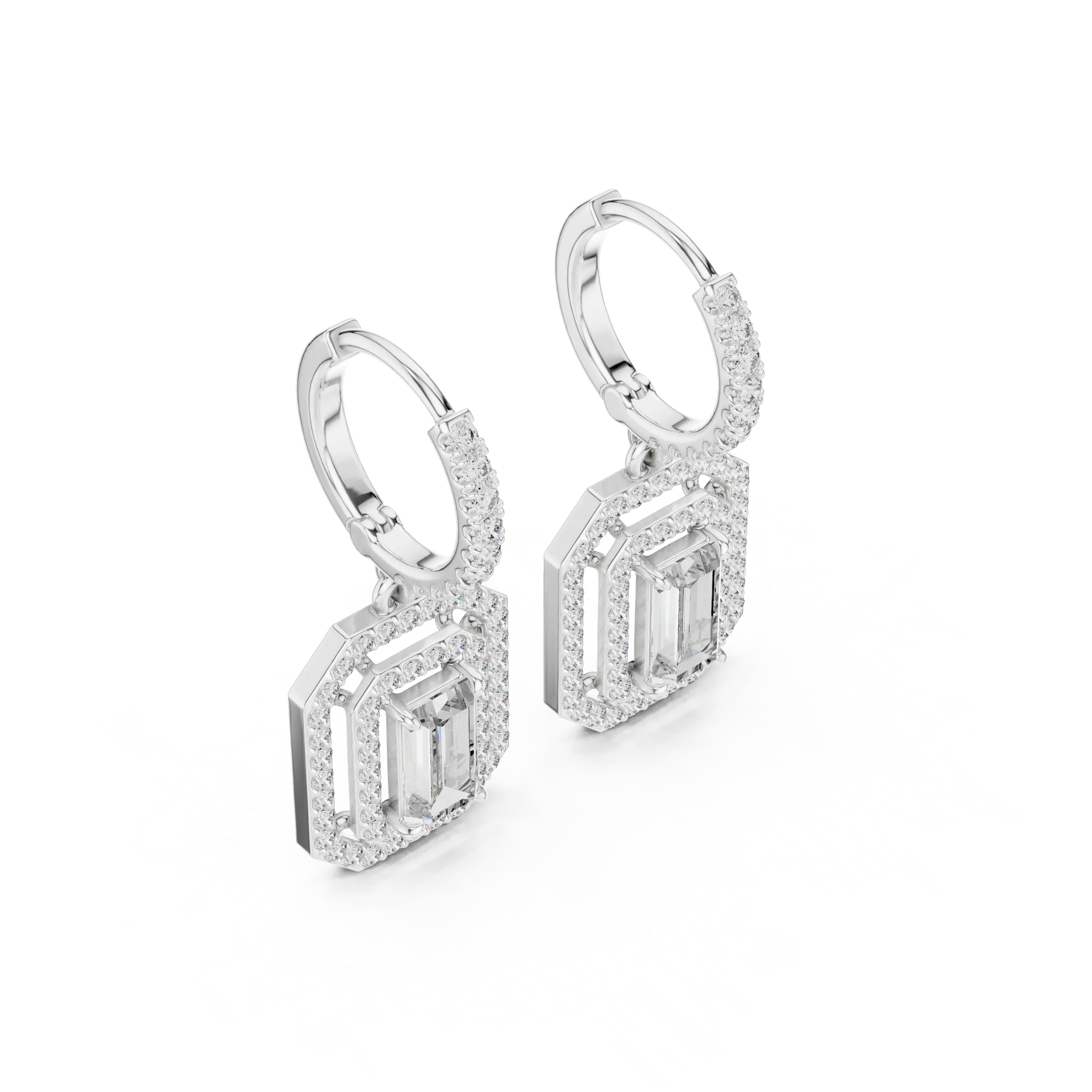 MJER55 - Emerald Cut Double Halo Huggie Drop Earrings