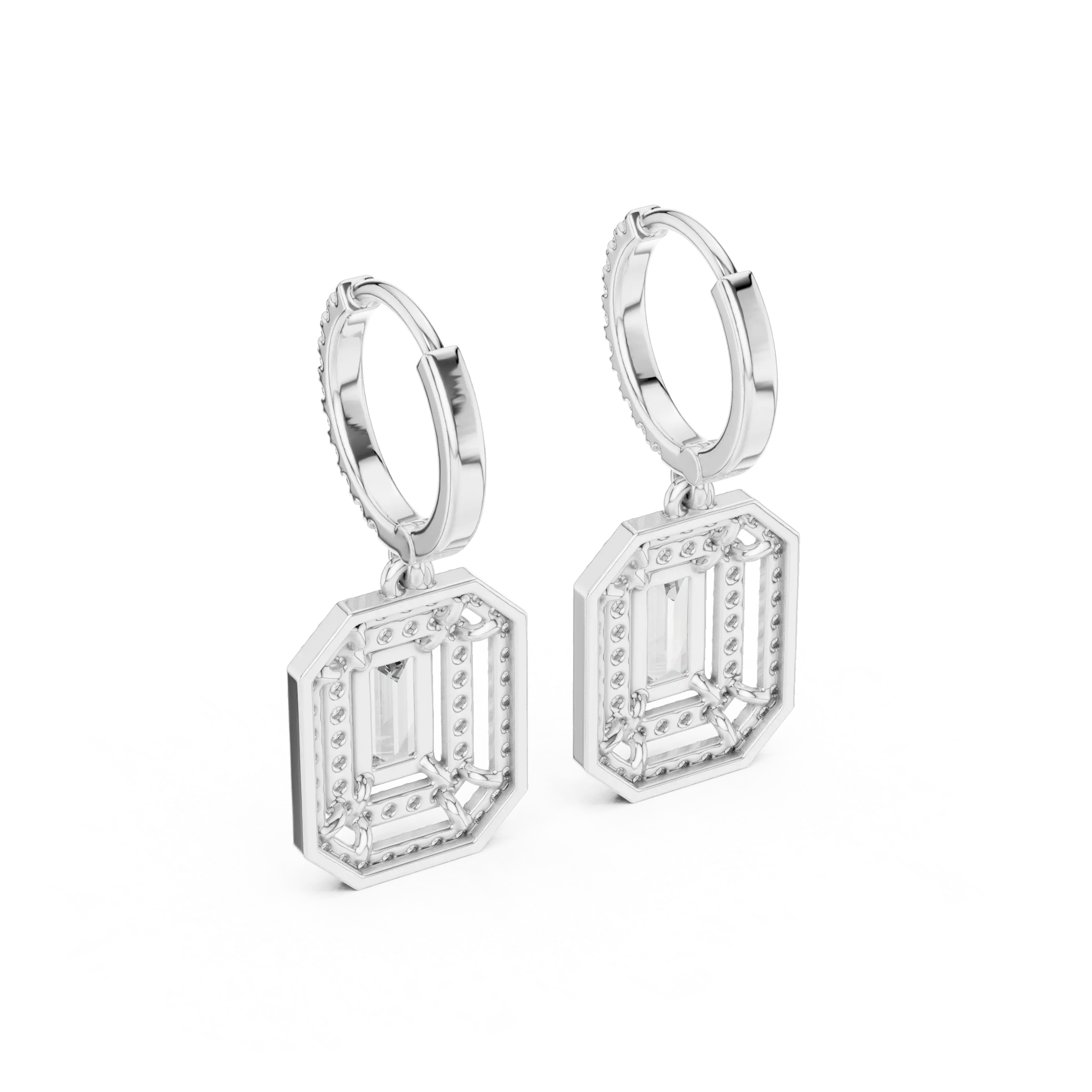 MJER55 - Emerald Cut Double Halo Huggie Drop Earrings
