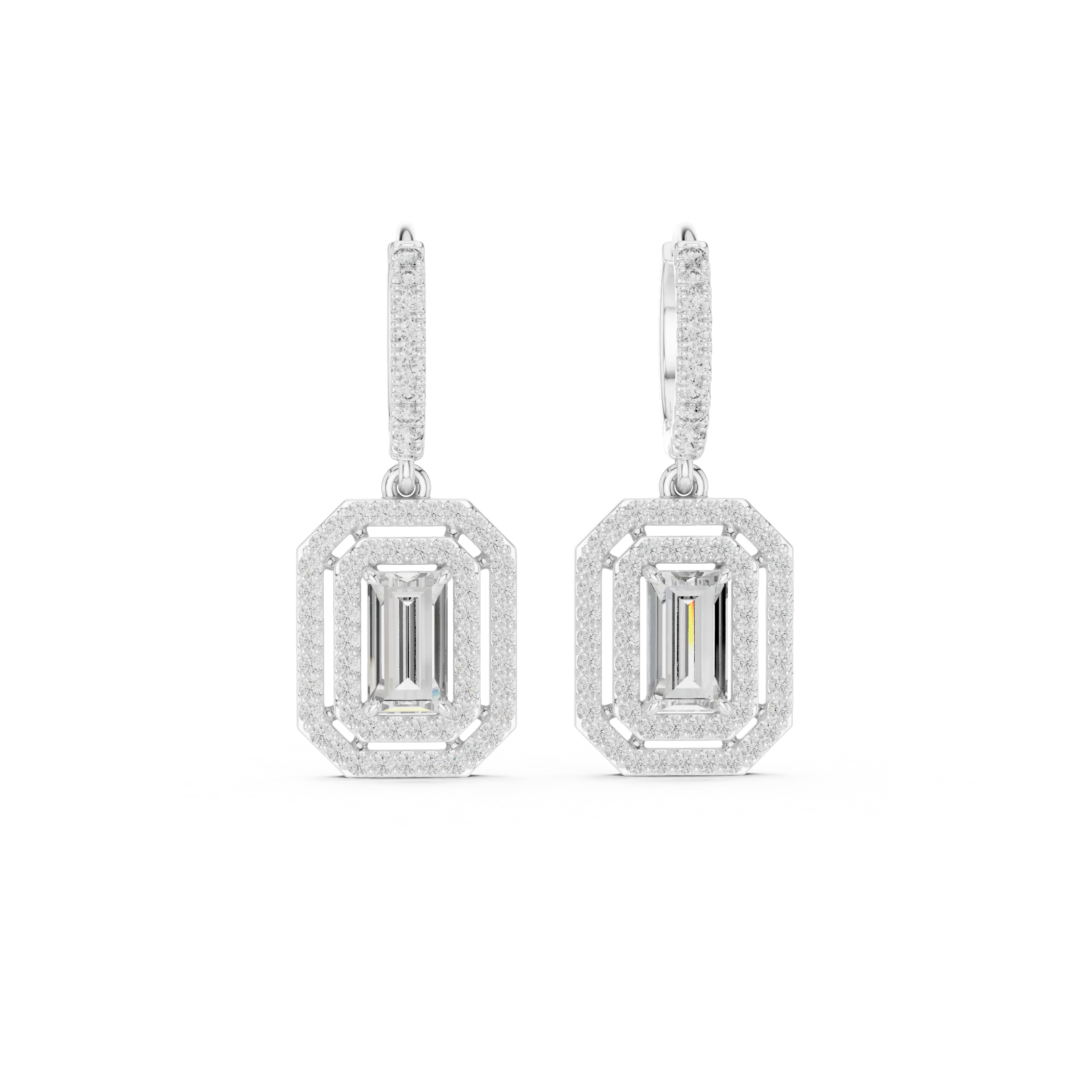 MJER55 - Emerald Cut Double Halo Huggie Drop Earrings