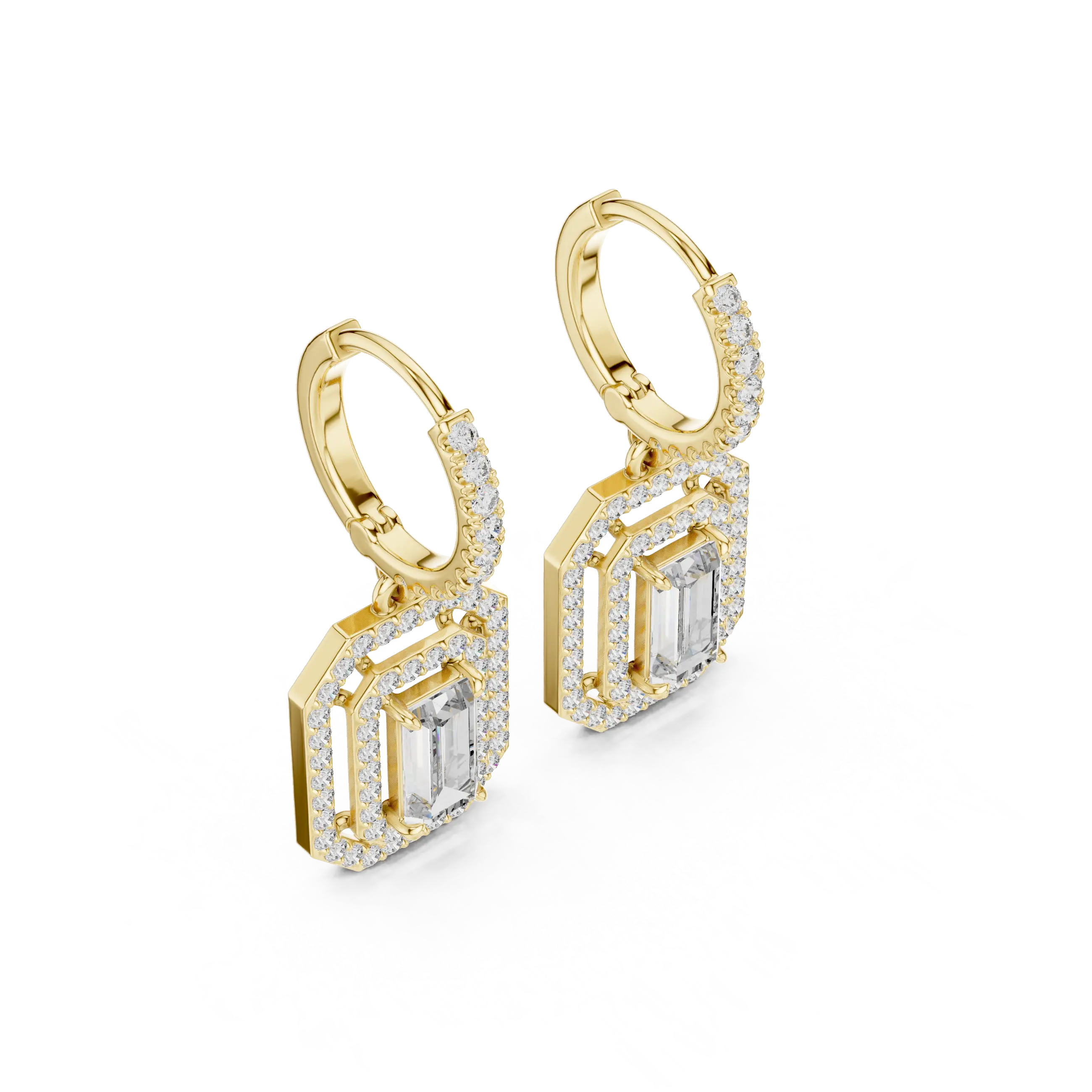 MJER55 - Emerald Cut Double Halo Huggie Drop Earrings