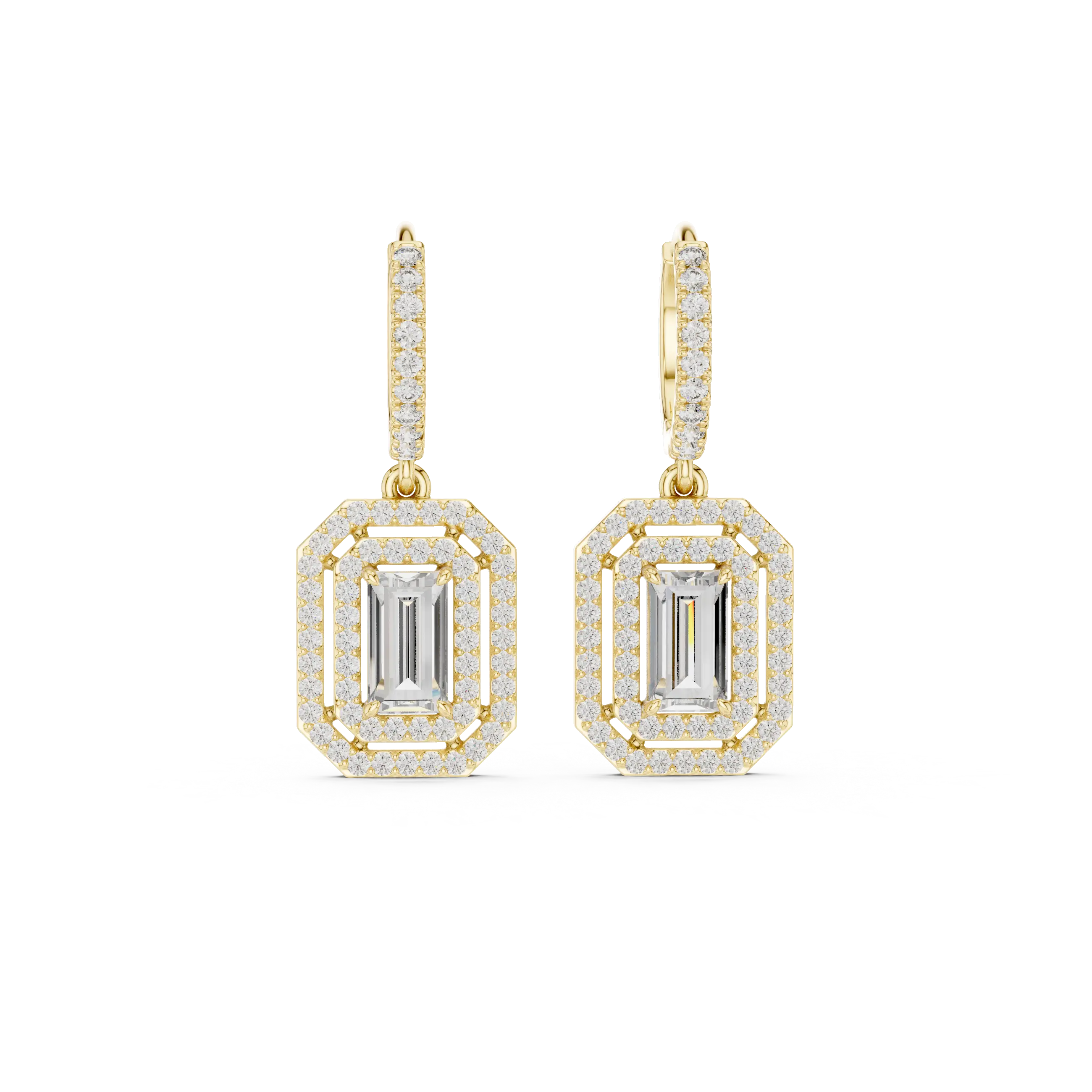 MJER55 - Emerald Cut Double Halo Huggie Drop Earrings