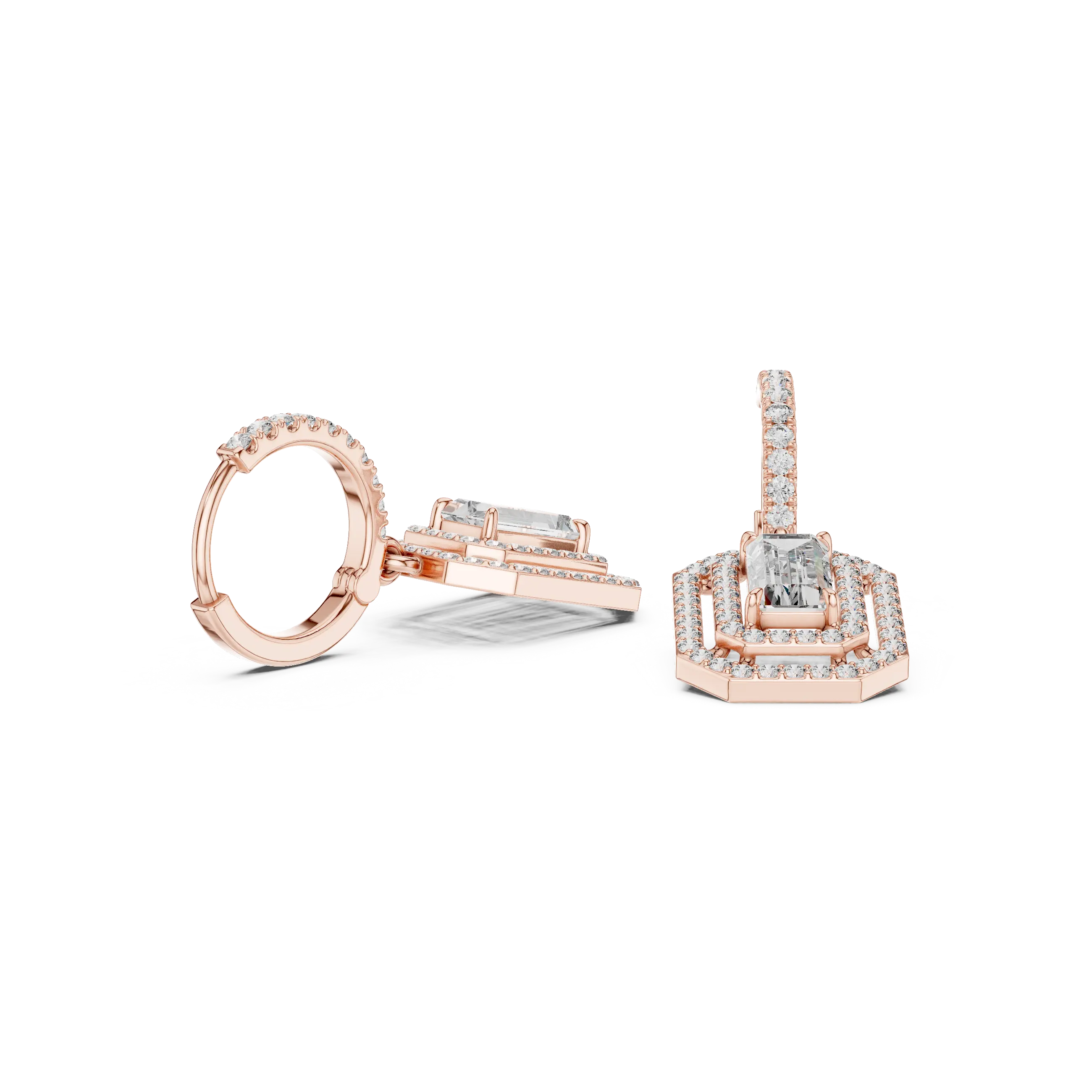 MJER55 - Emerald Cut Double Halo Huggie Drop Earrings