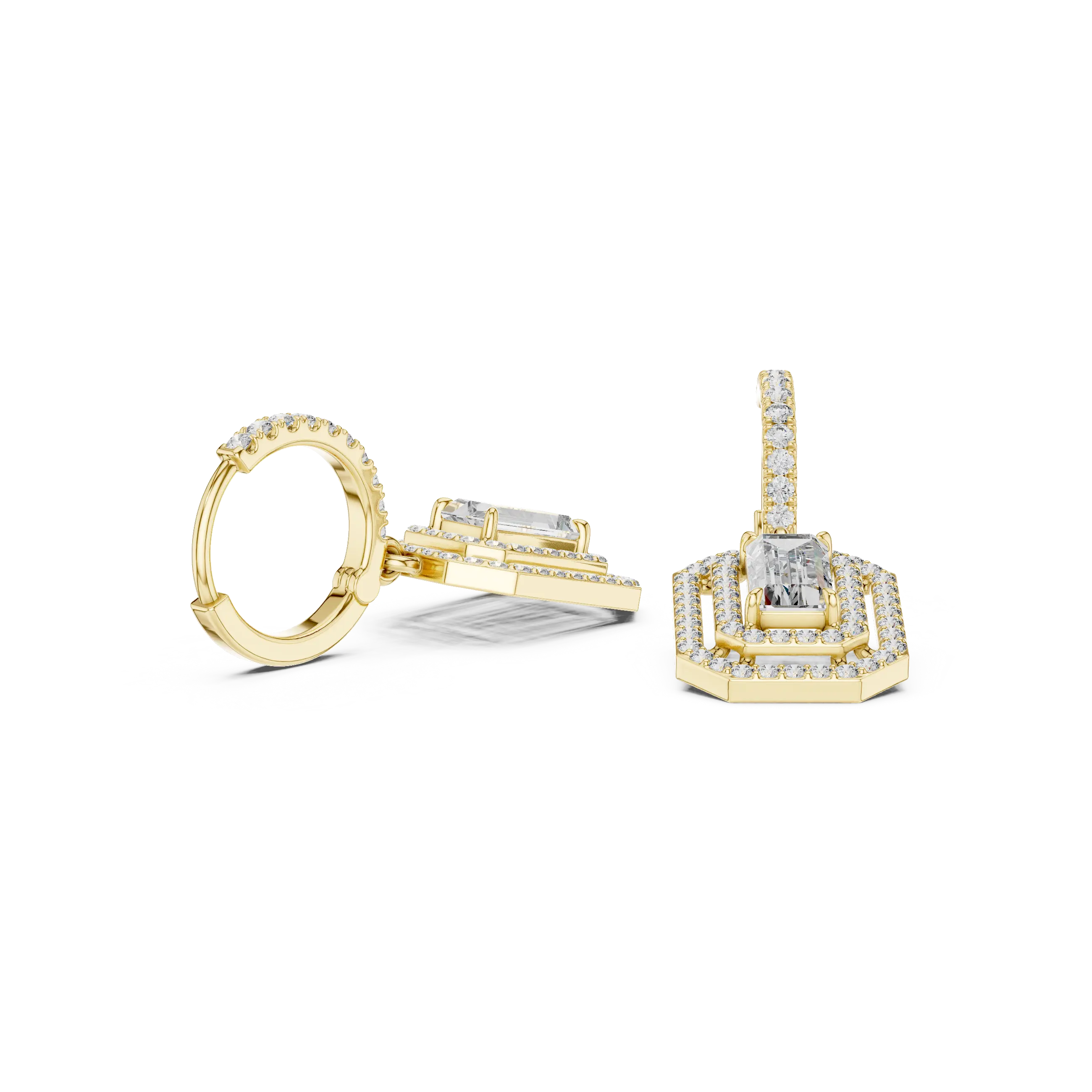 MJER55 - Emerald Cut Double Halo Huggie Drop Earrings