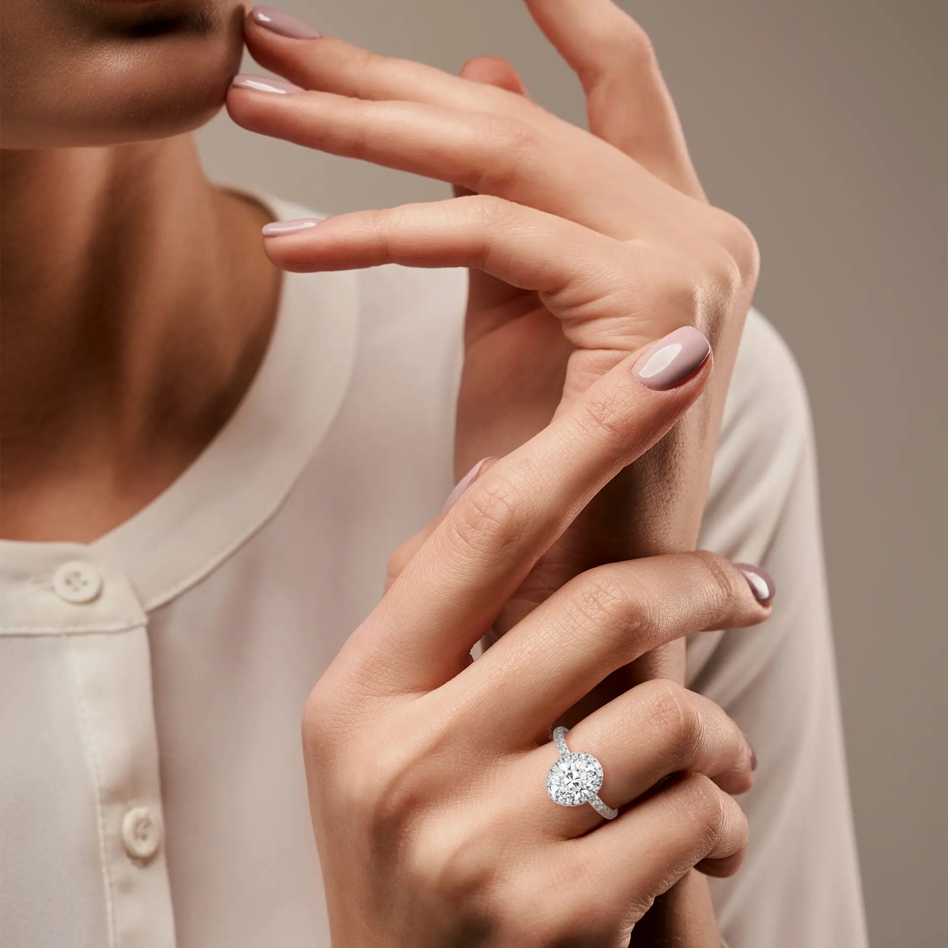 MJBS41 - Oval Cut French Pavé Halo Engagement Ring