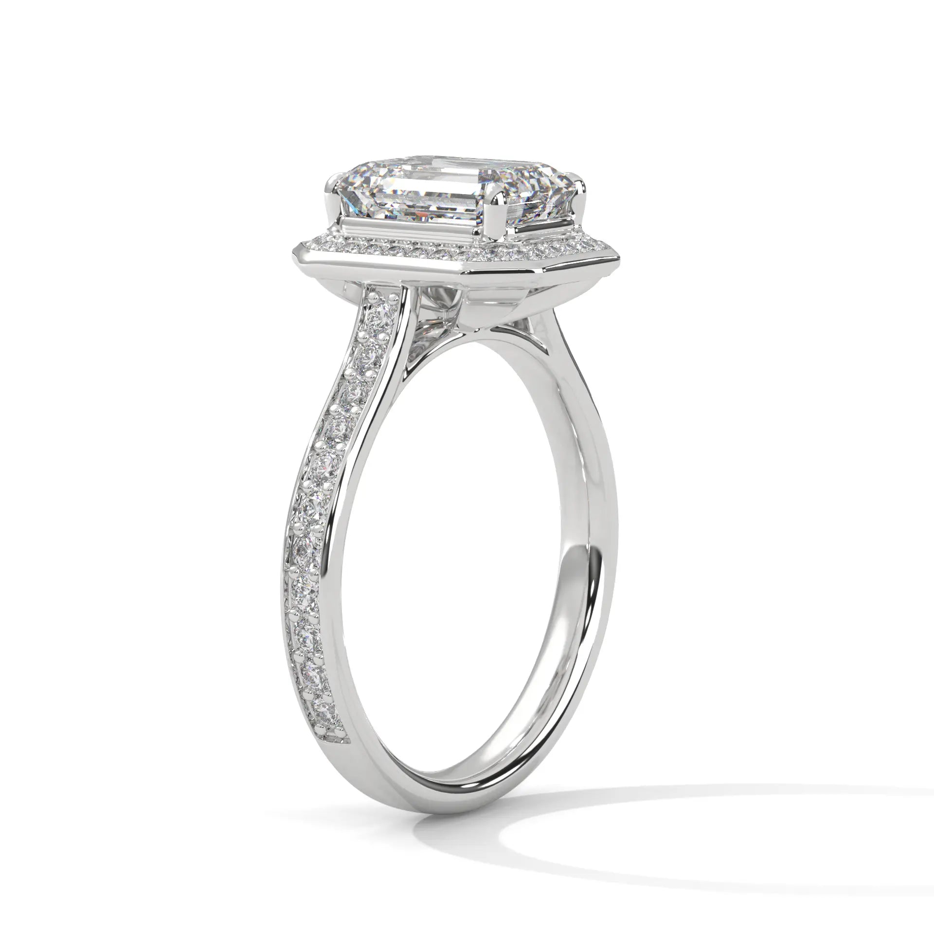 MJBS49 - Cathedral Style Emerald Bezel Halo Wedding Ring