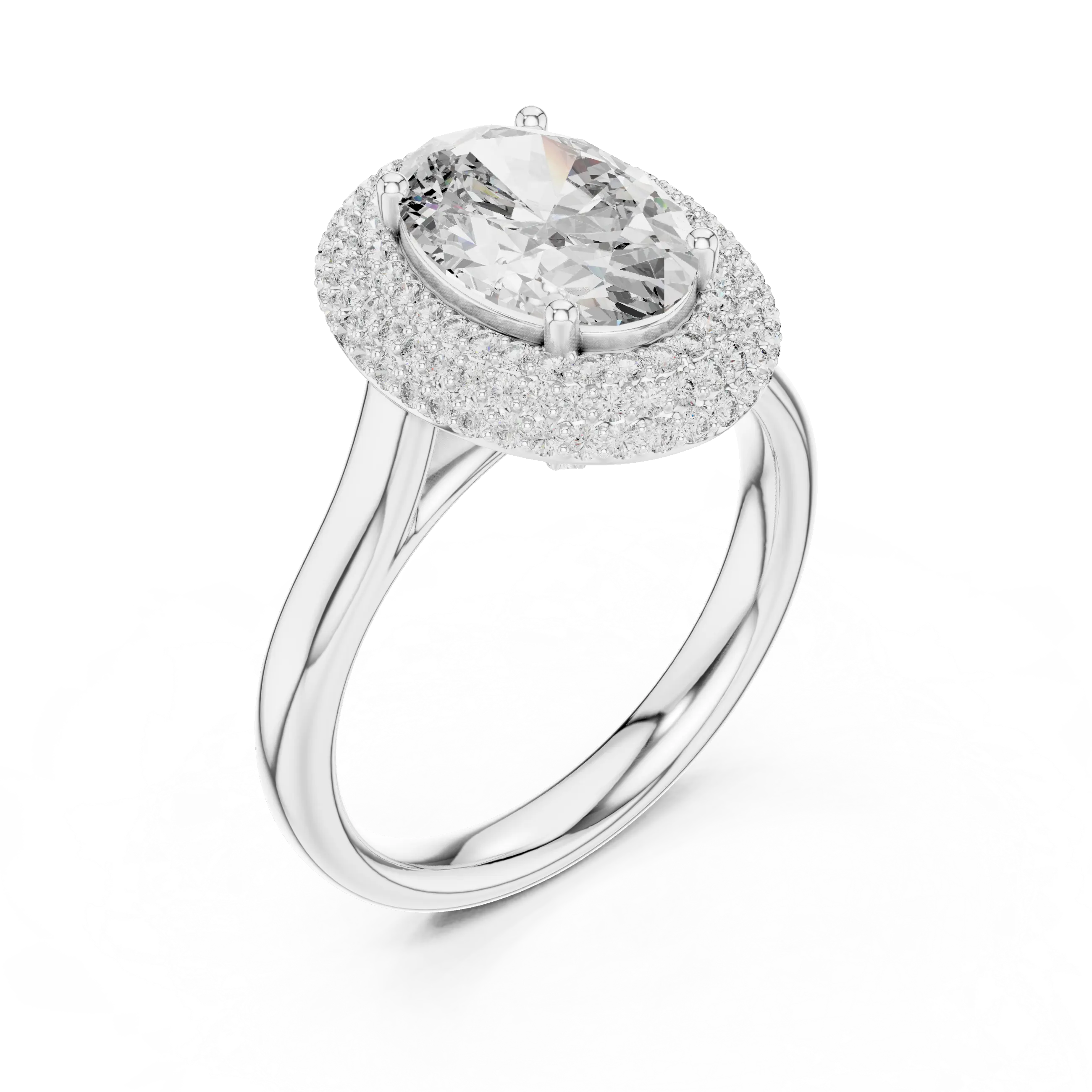 MJR0108 - Opulent Double-Tiered Halo Oval Ring on Plain Shank