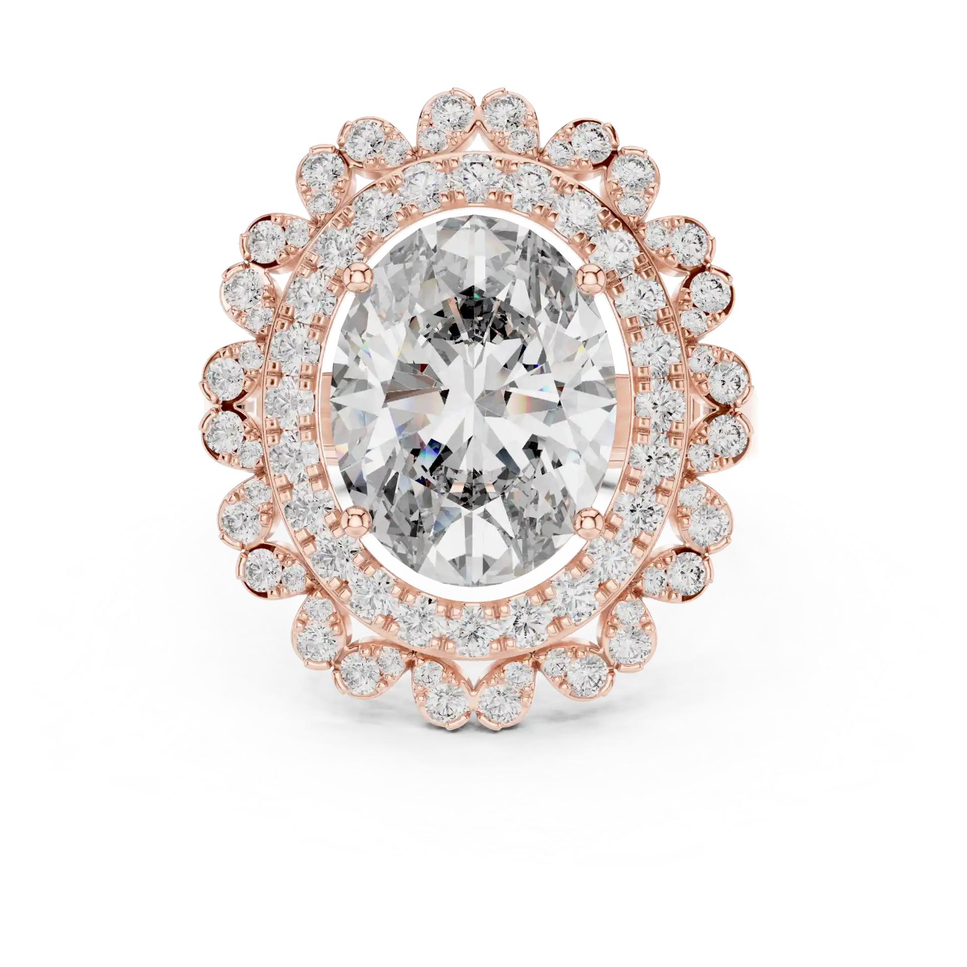 MJR0109 - Floral Scalloped Double Halo Oval Solitaire Ring