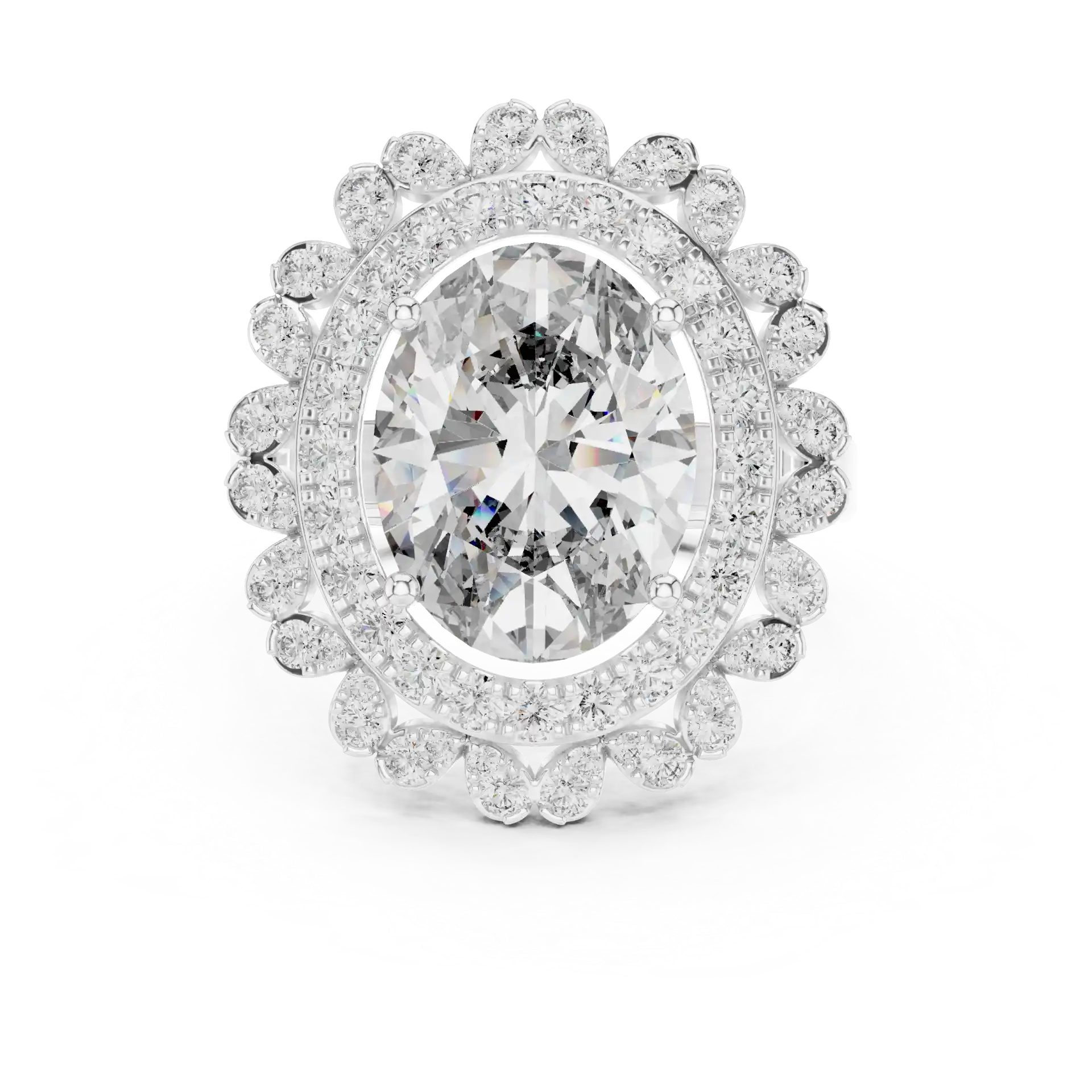 MJR0109 - Floral Scalloped Double Halo Oval Solitaire Ring