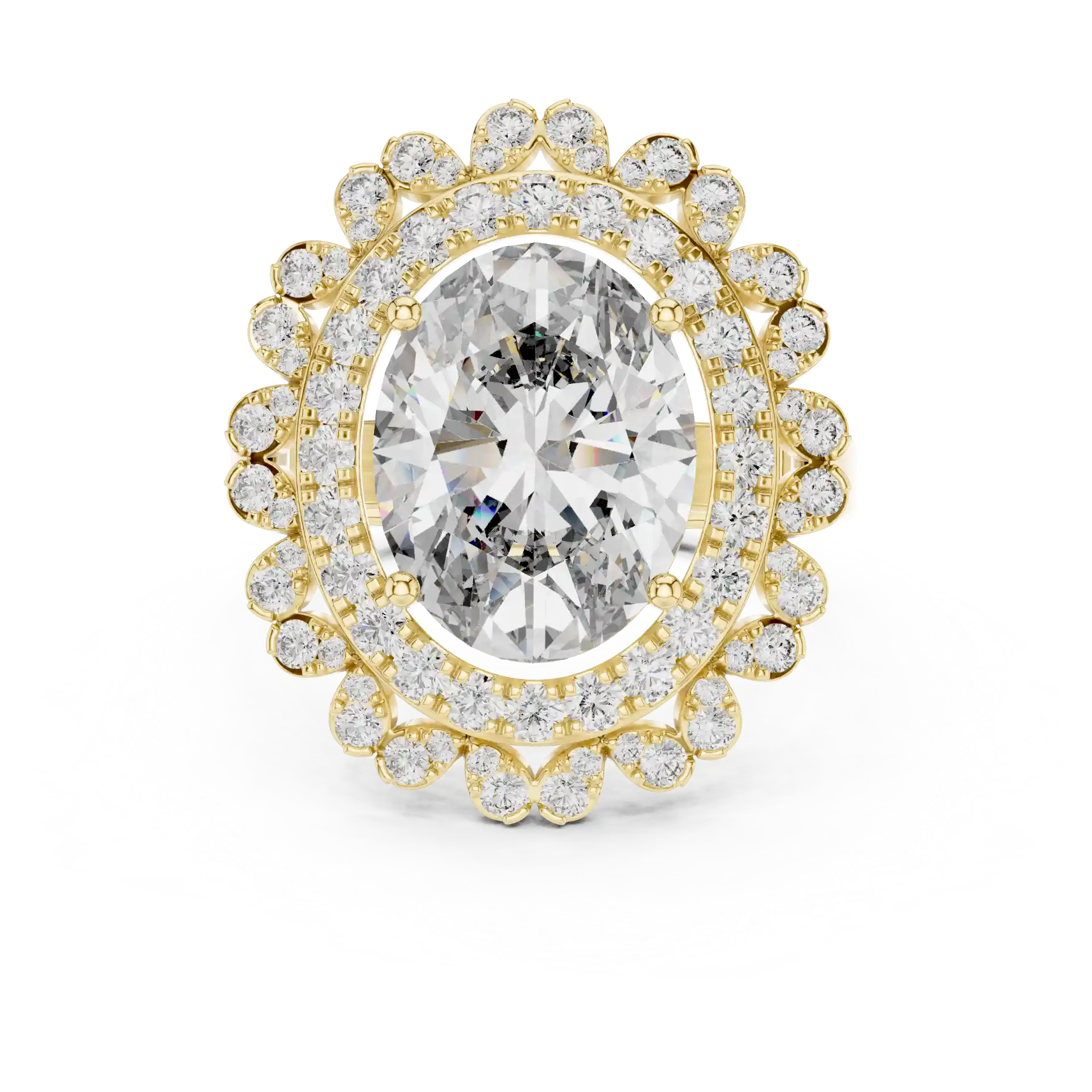 MJR0109 - Floral Scalloped Double Halo Oval Solitaire Ring