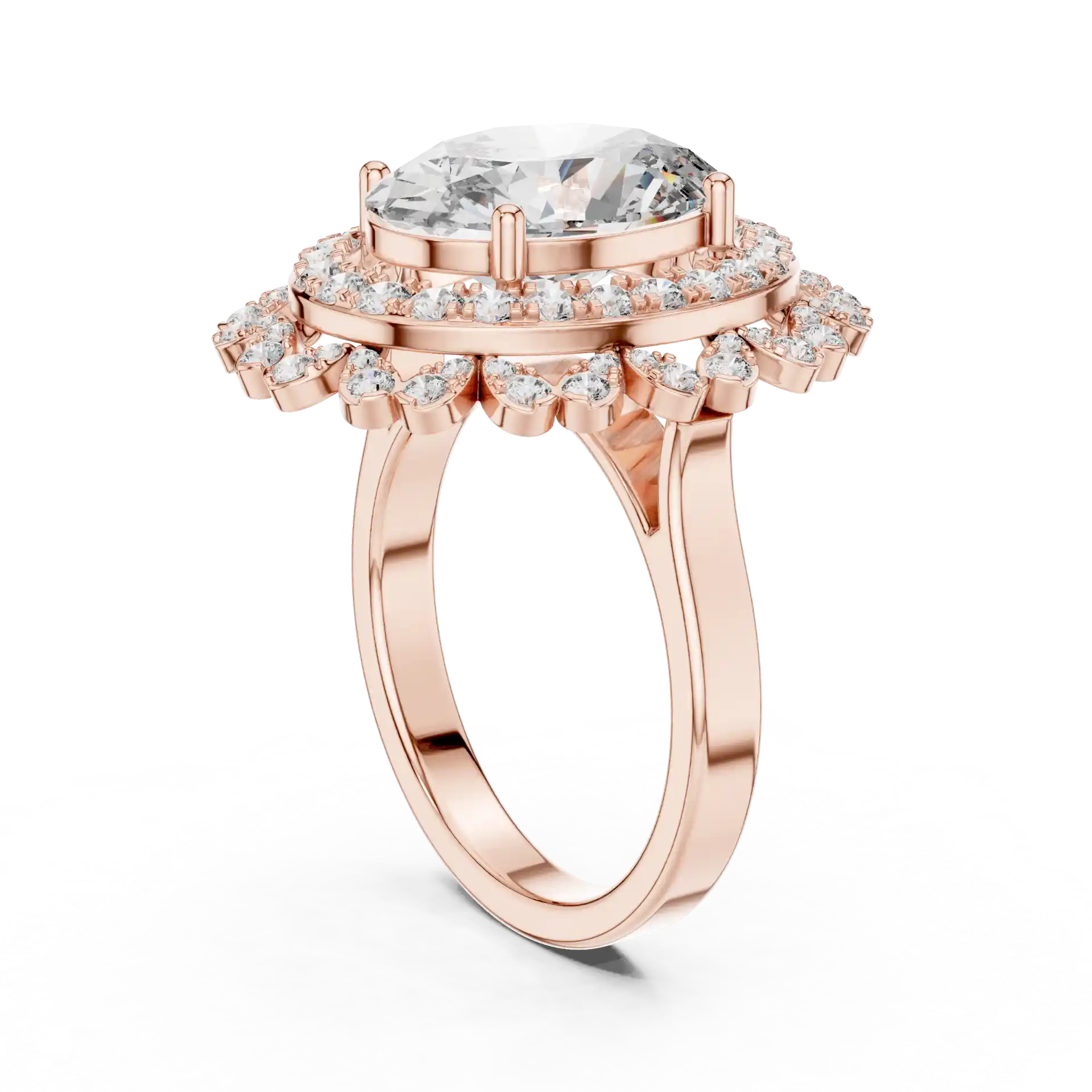 MJR0109 - Floral Scalloped Double Halo Oval Solitaire Ring