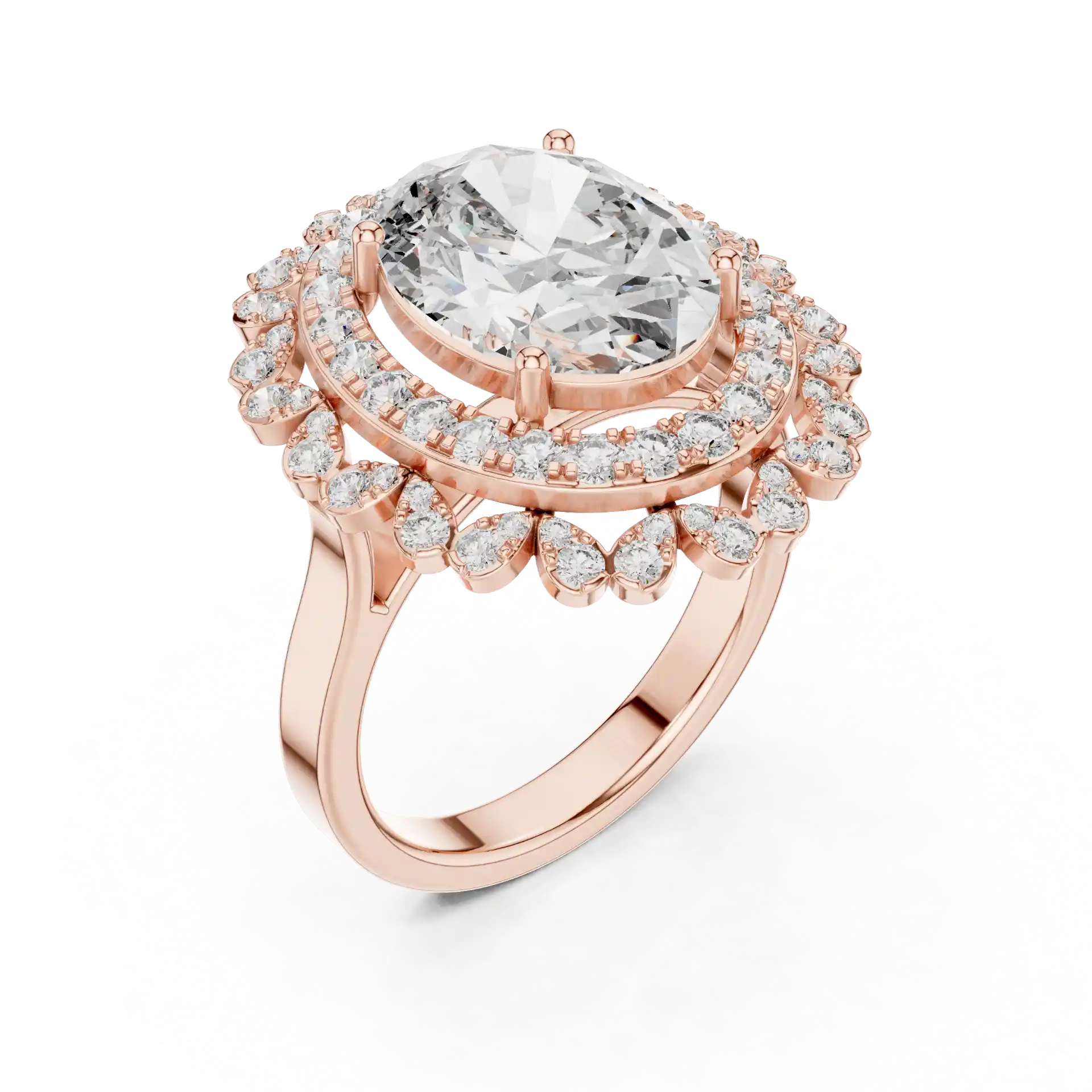 MJR0109 - Floral Scalloped Double Halo Oval Solitaire Ring