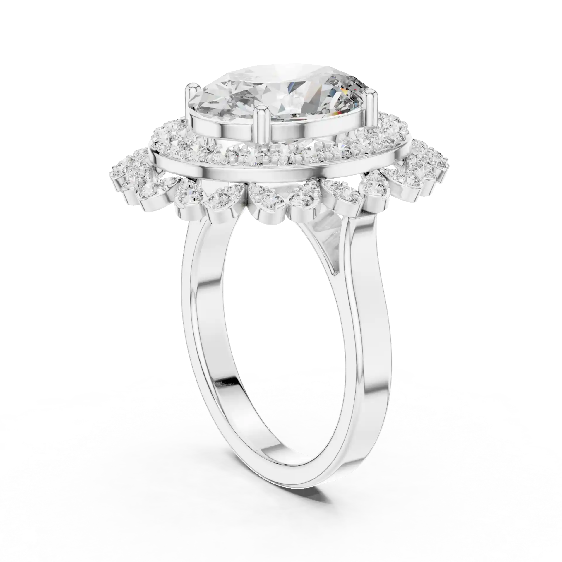 MJR0109 - Floral Scalloped Double Halo Oval Solitaire Ring