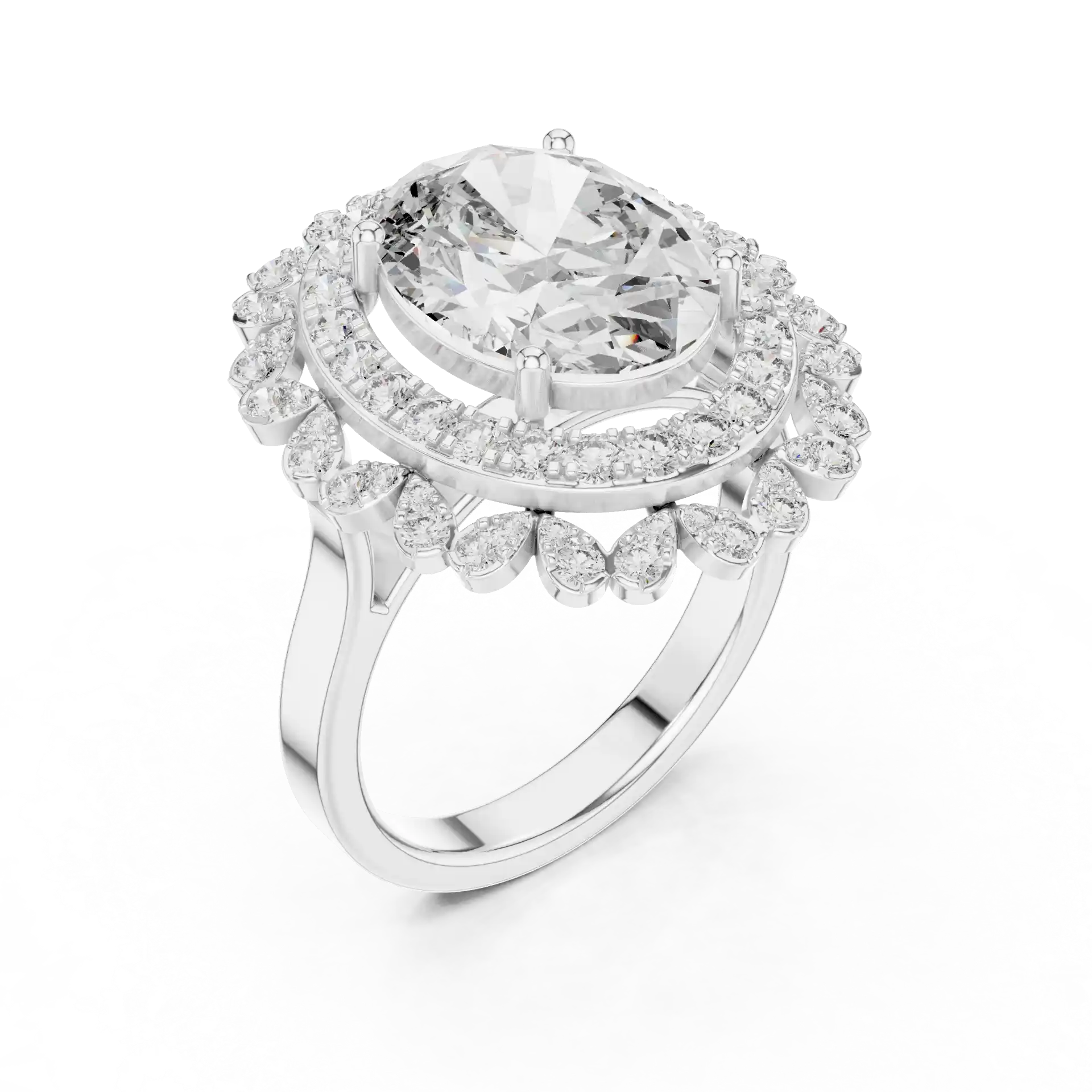 MJR0109 - Floral Scalloped Double Halo Oval Solitaire Ring