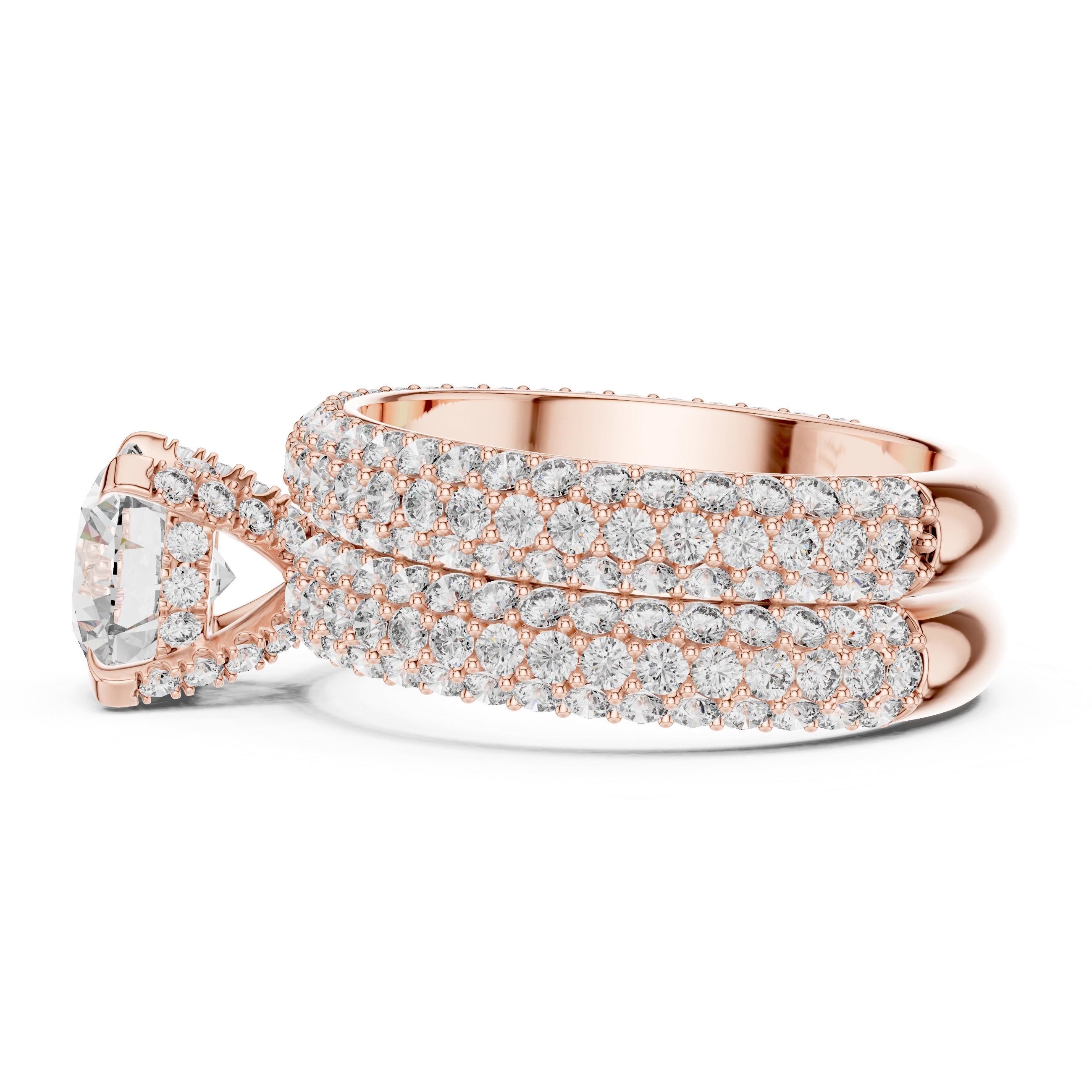 MJTW3 - Radiant Round Solitaire Triple Row Pavé Band Set
