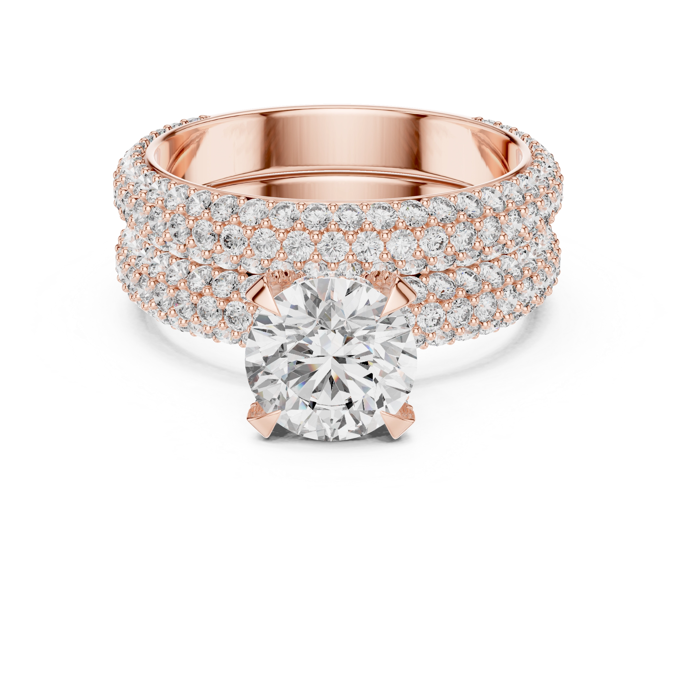 MJTW3 - Radiant Round Solitaire Triple Row Pavé Band Set