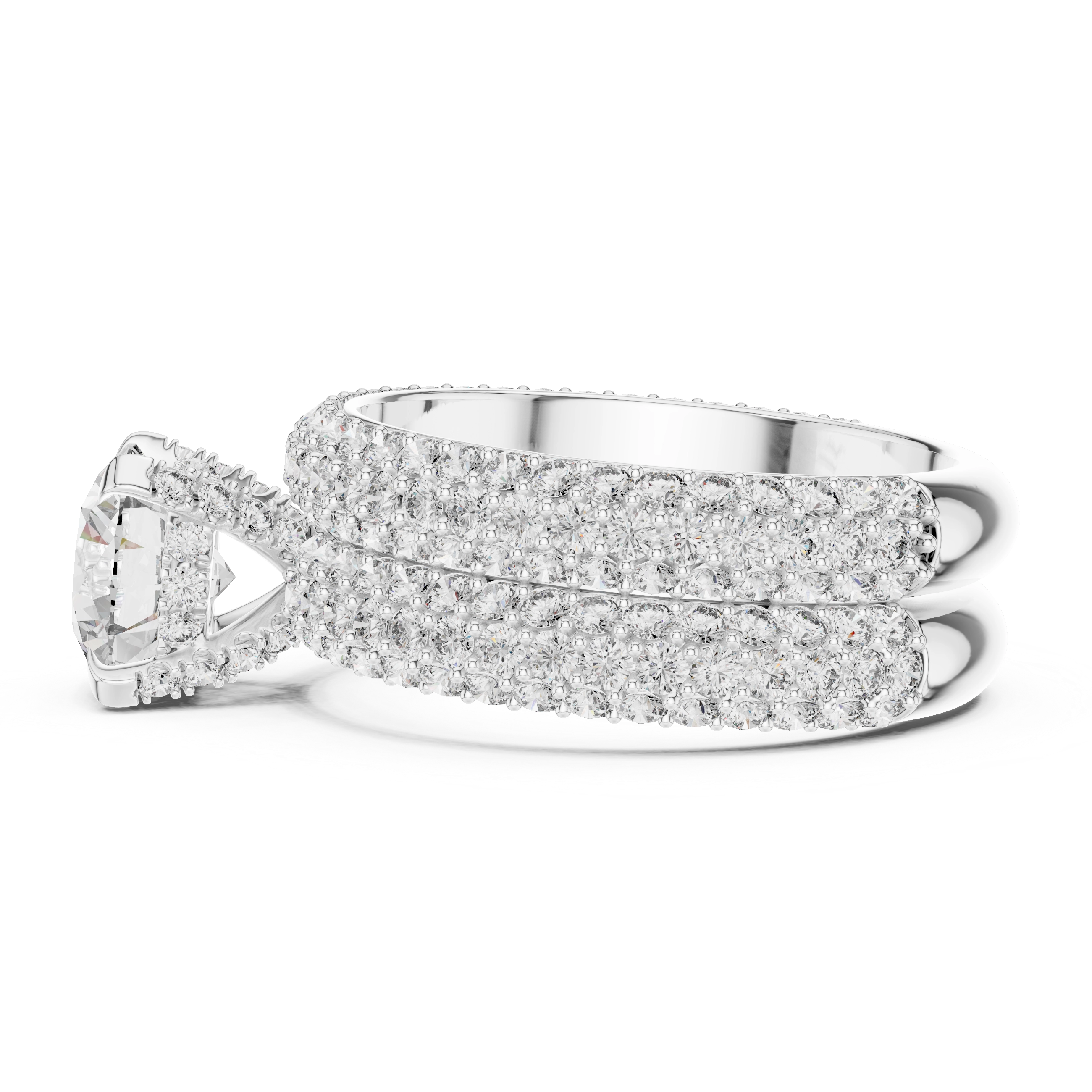 MJTW3 - Radiant Round Solitaire Triple Row Pavé Band Set