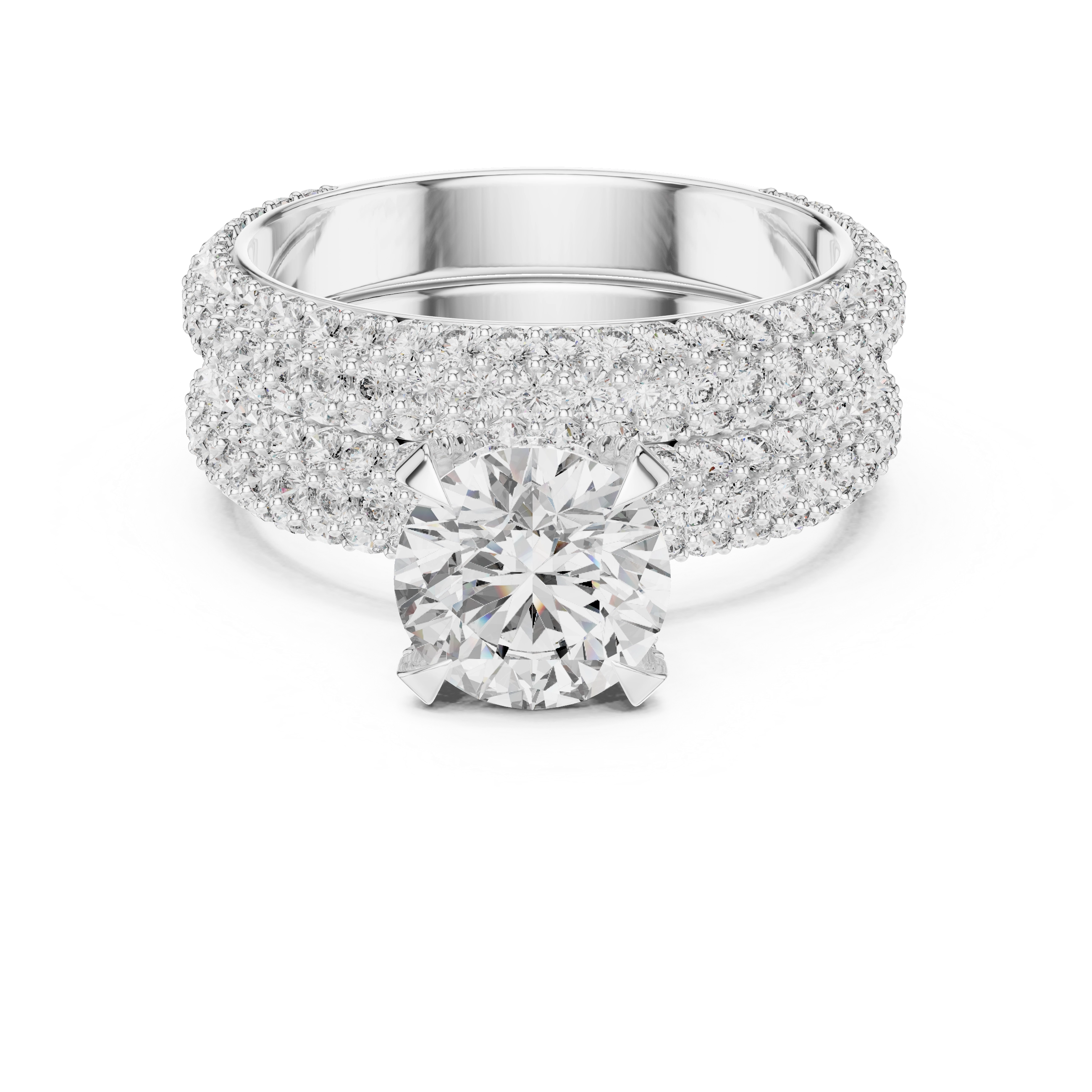 MJTW3 - Radiant Round Solitaire Triple Row Pavé Band Set