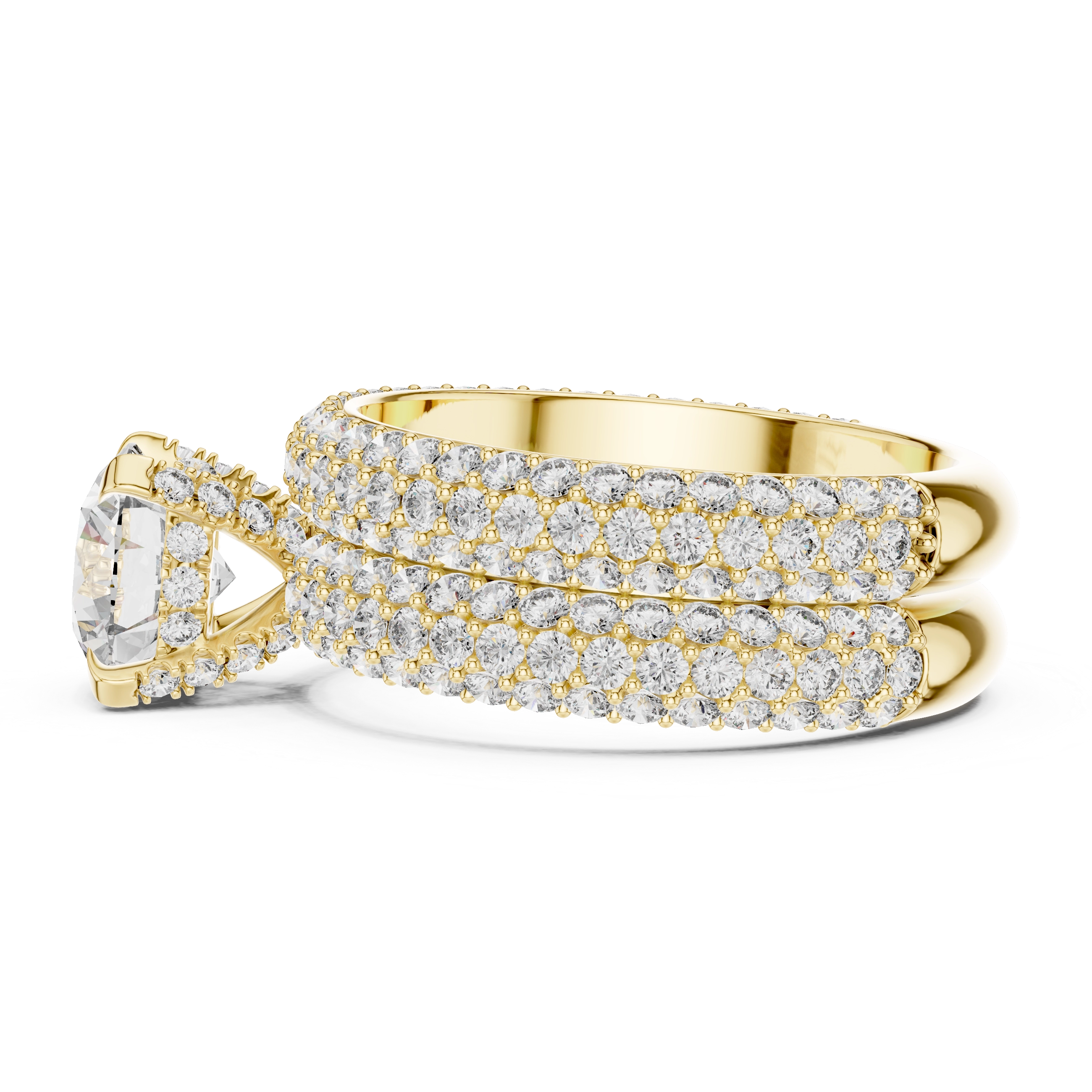 MJTW3 - Radiant Round Solitaire Triple Row Pavé Band Set