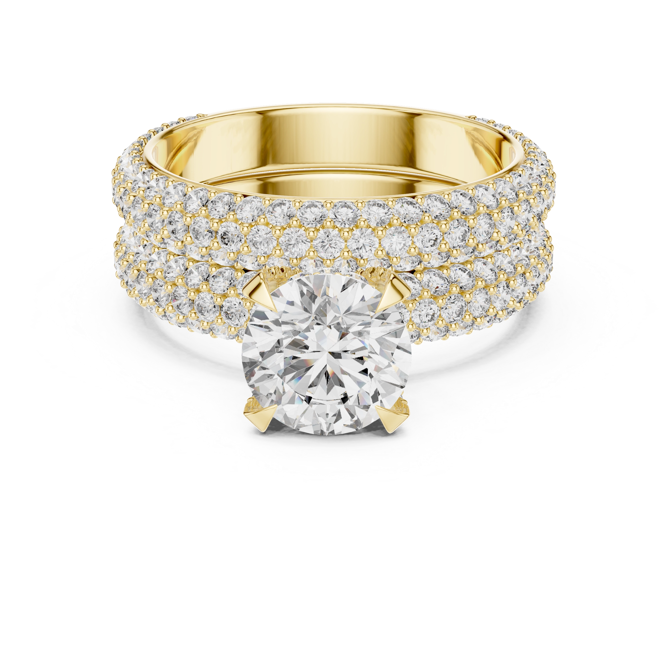 MJTW3 - Radiant Round Solitaire Triple Row Pavé Band Set