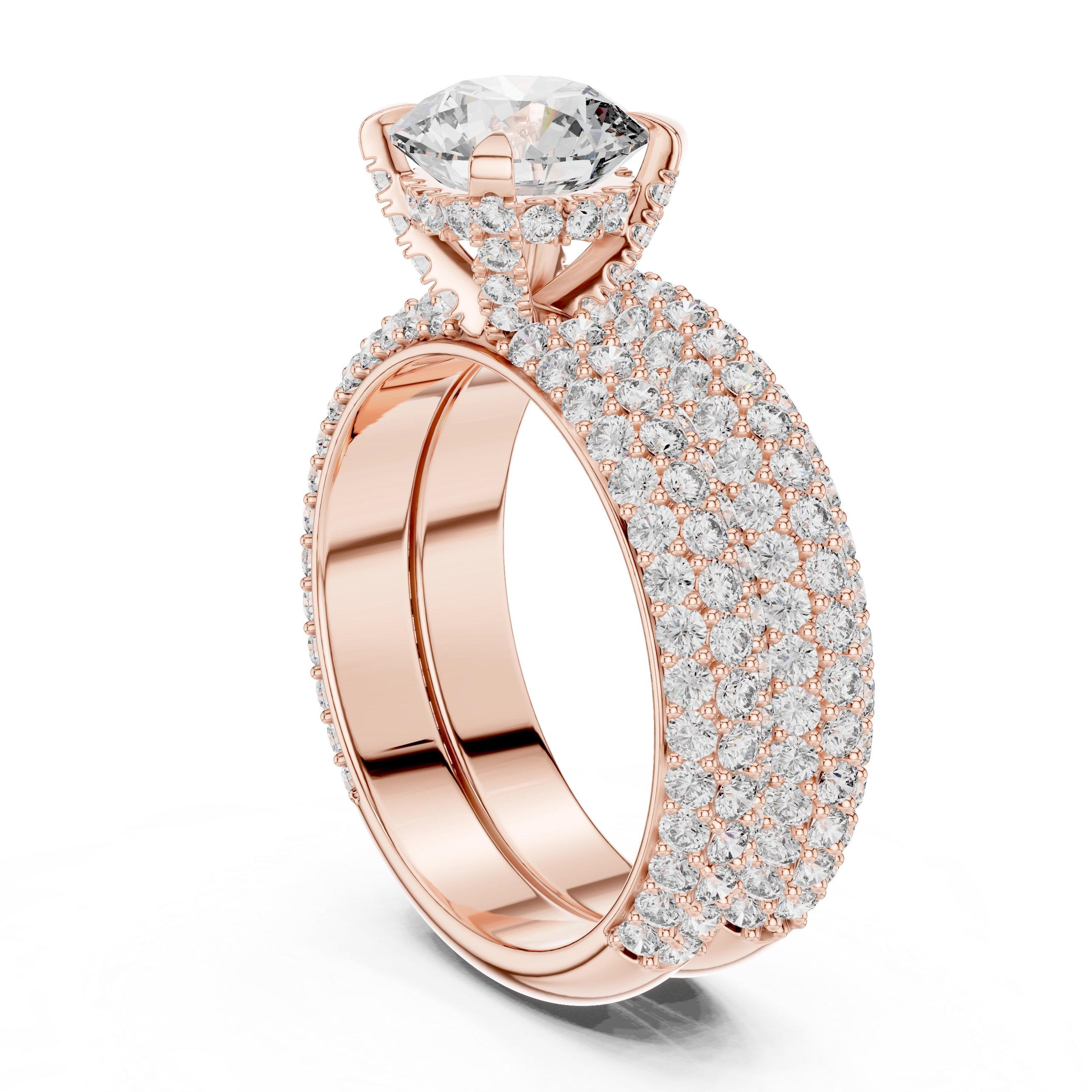 MJTW3 - Radiant Round Solitaire Triple Row Pavé Band Set