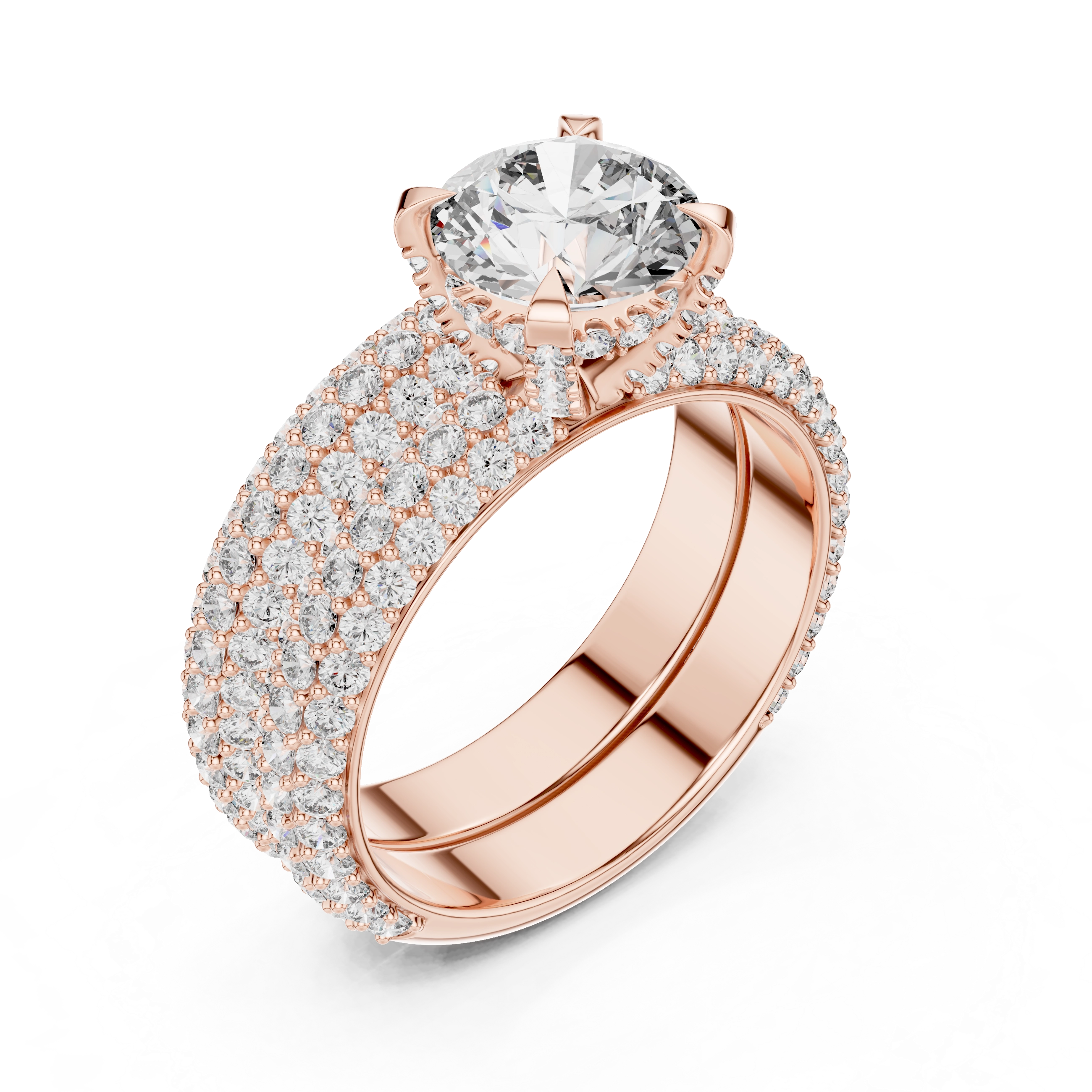 MJTW3 - Radiant Round Solitaire Triple Row Pavé Band Set